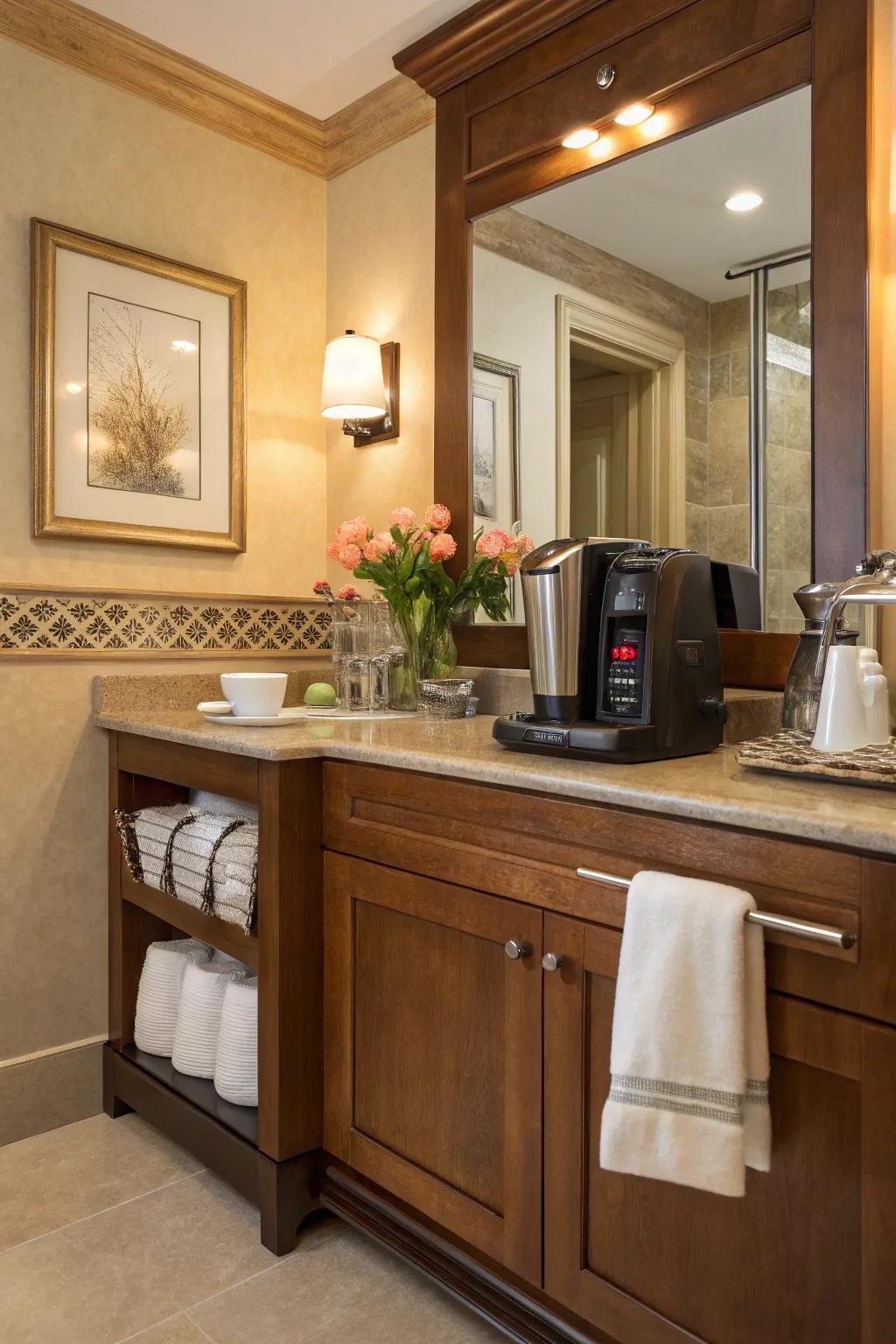 A coffee station in your bathroom adds a touch of luxury to your morning routine. ☕ #MorningRitual #BathroomLuxury #CoffeeLovers