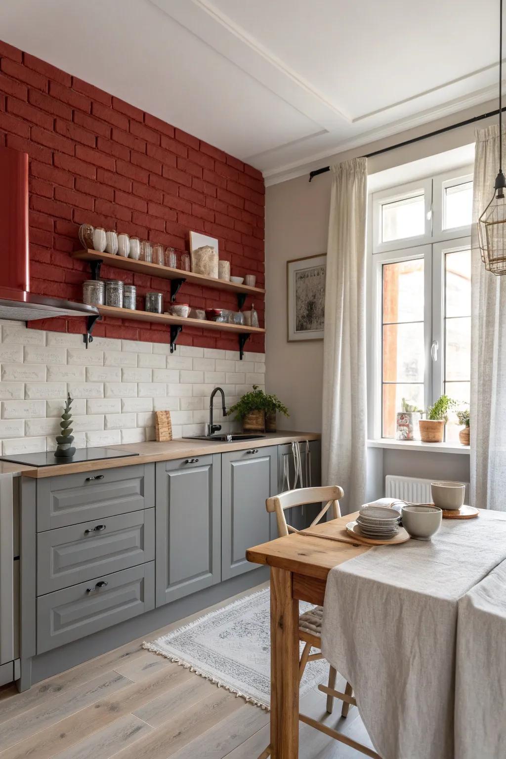 Embrace rustic charm with brick red walls that add warmth and character to gray cabinets.