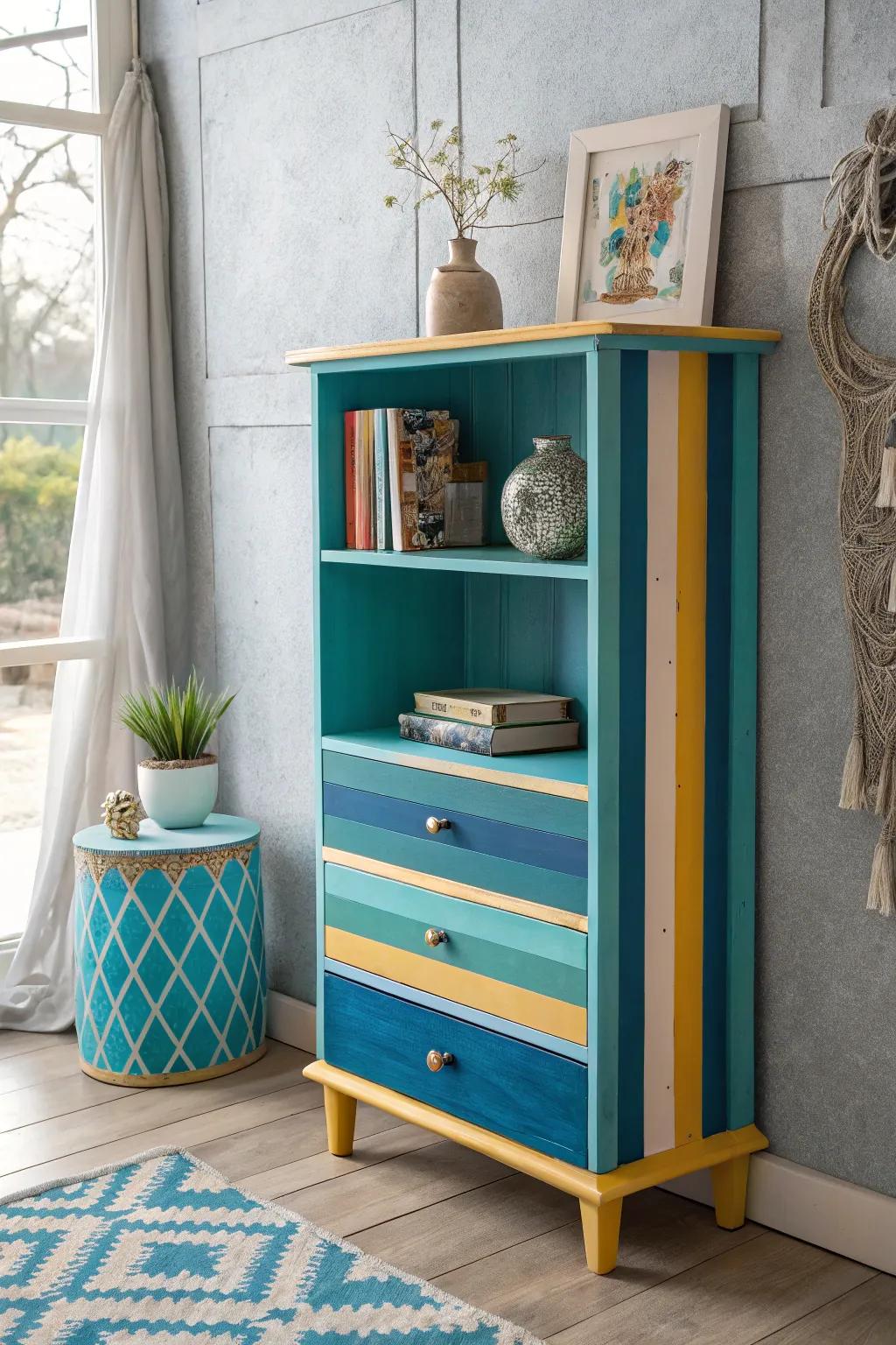 Add depth to your living space with a striped hand-painted bookshelf in soothing blues.