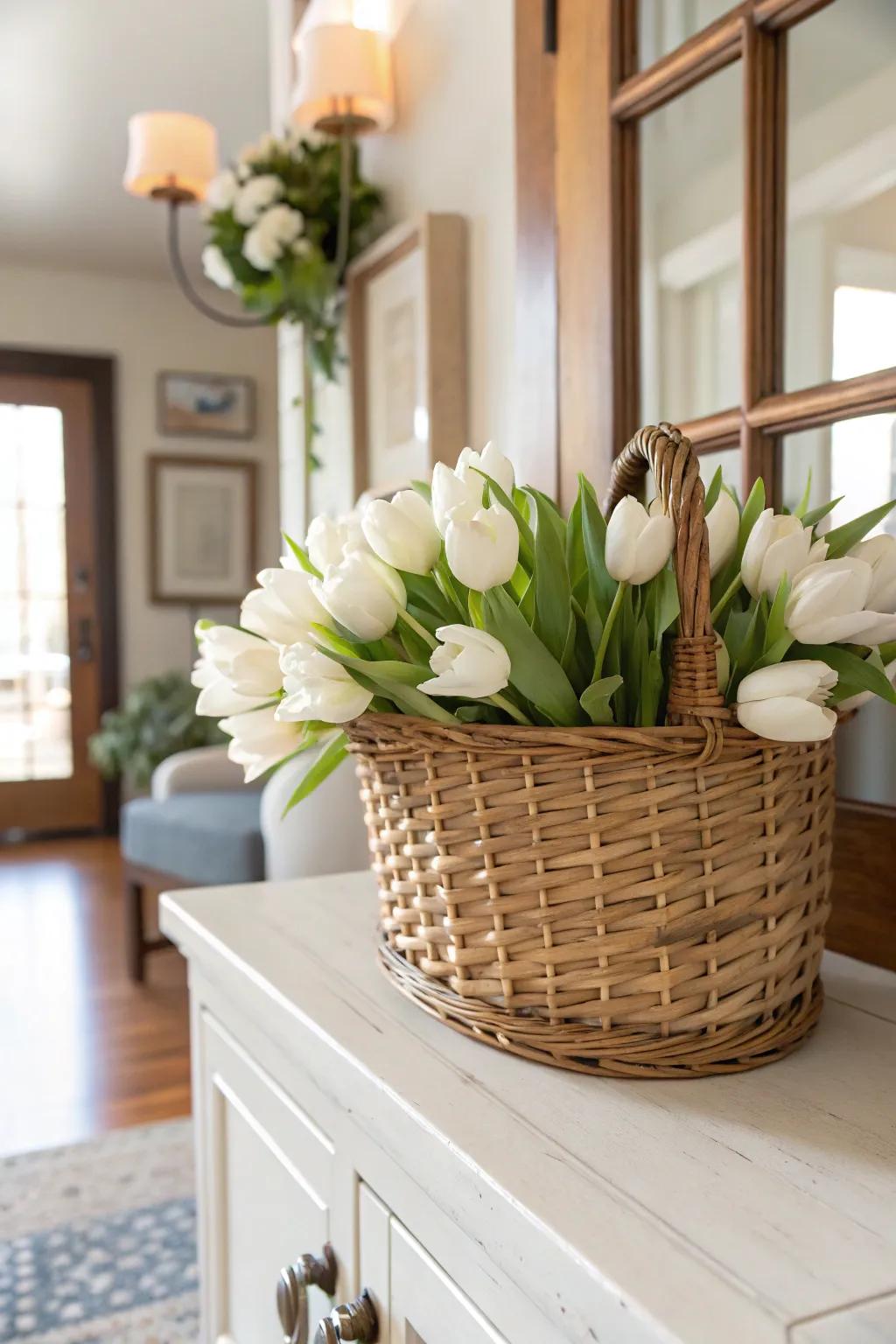 Chic greeting: White tulips in a basket offer a stylish welcome to any home.