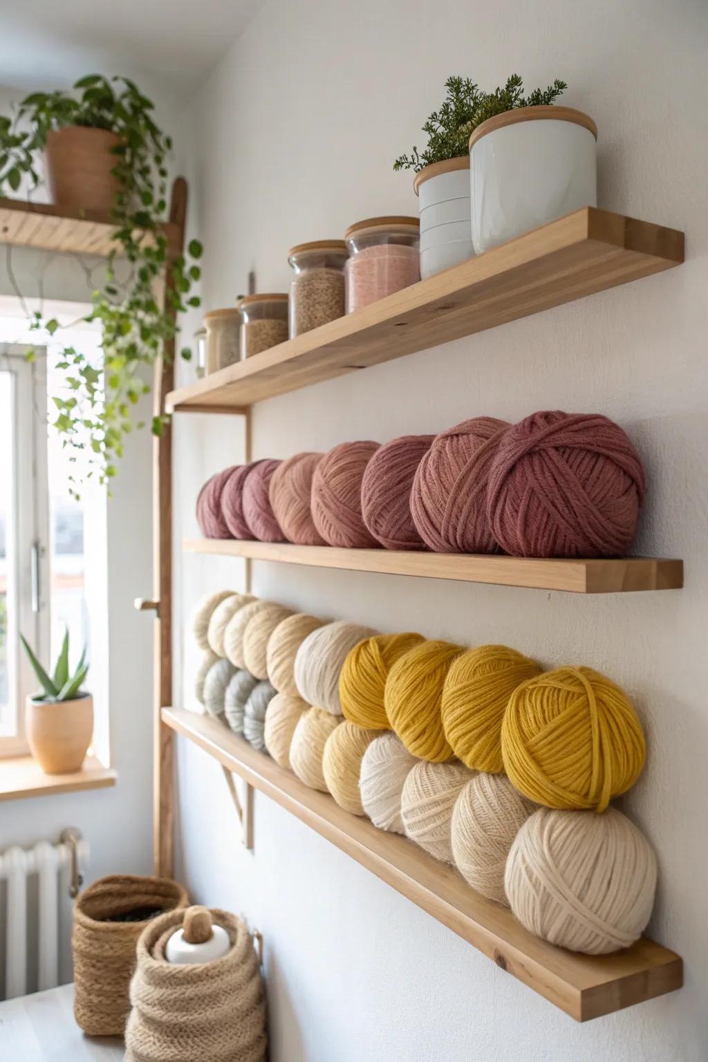 Achieve a modern look with floating shelves that highlight your yarn and decor.