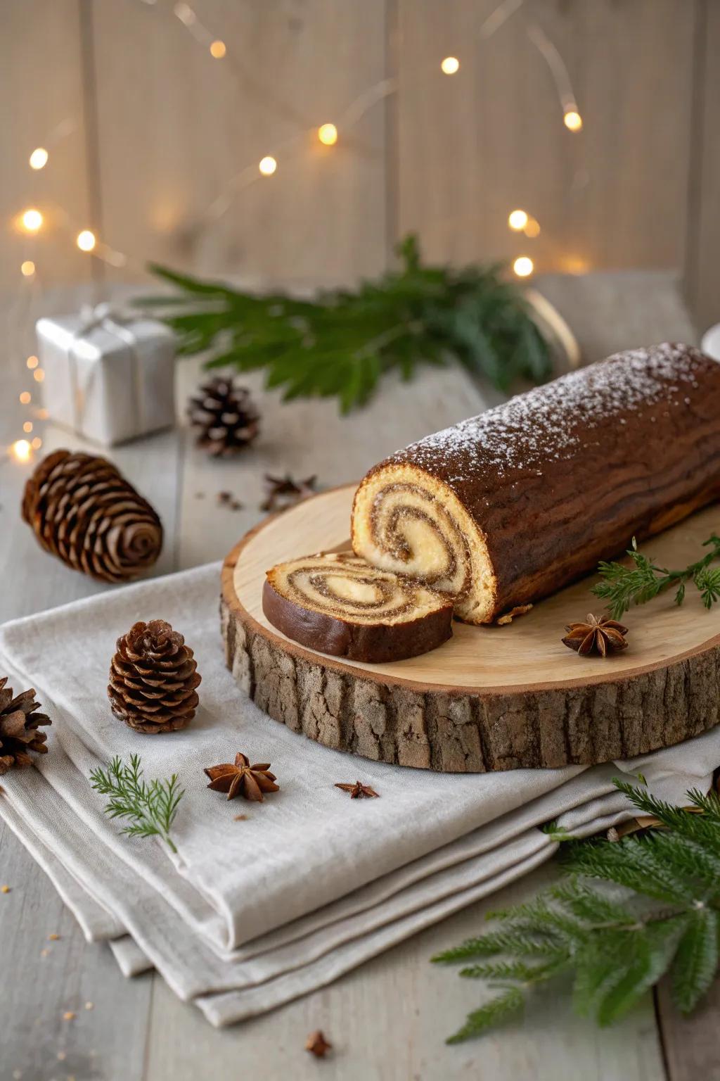 Enhance the natural beauty of your yule log with a rustic wooden base.
