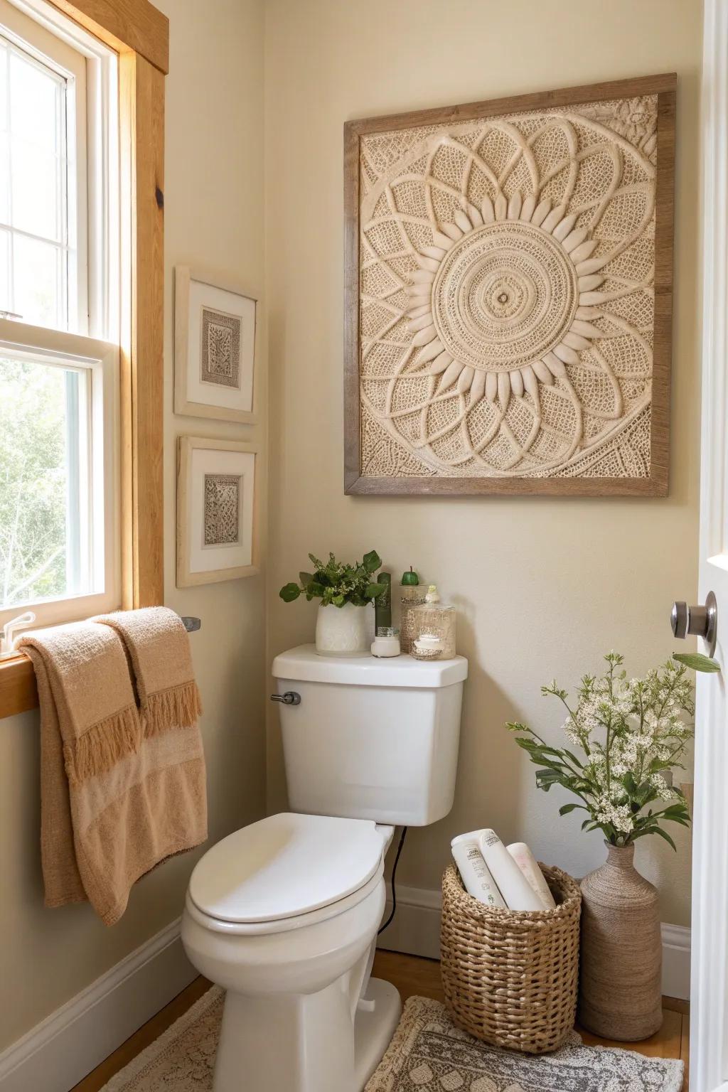 Textured art pieces add depth and intrigue to your bathroom decor.
