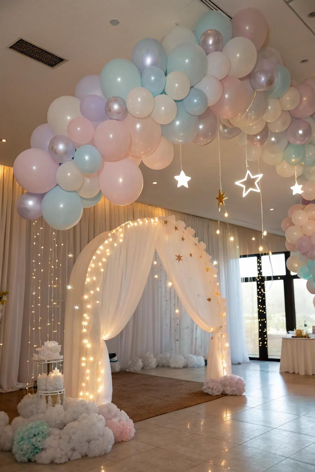 Create a dreamy atmosphere with a floating arch that feels like stepping into a cloud.