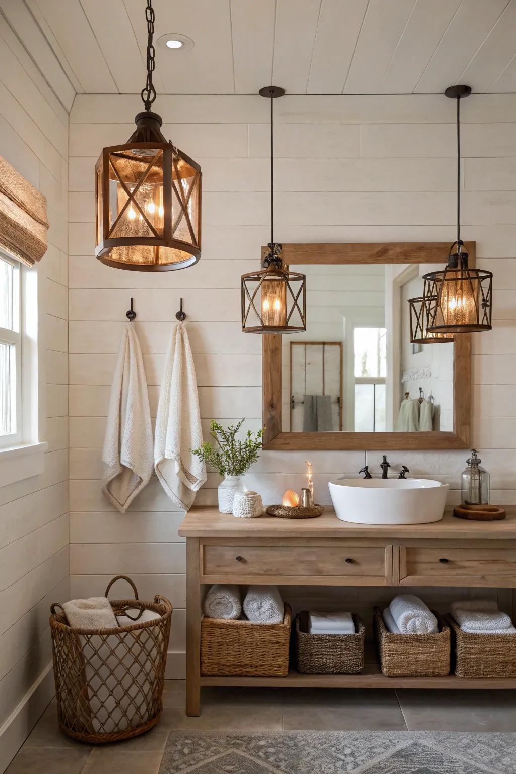 Invite warmth and coziness with rustic lantern pendants in your bathroom.