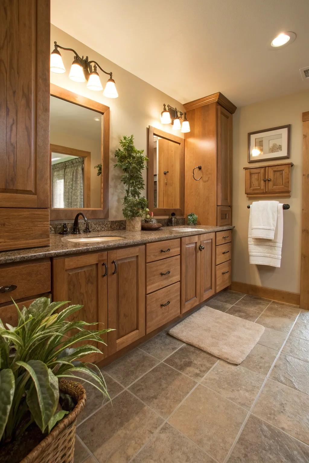 Stone elements paired with oak cabinets add natural elegance and durability to the bathroom.