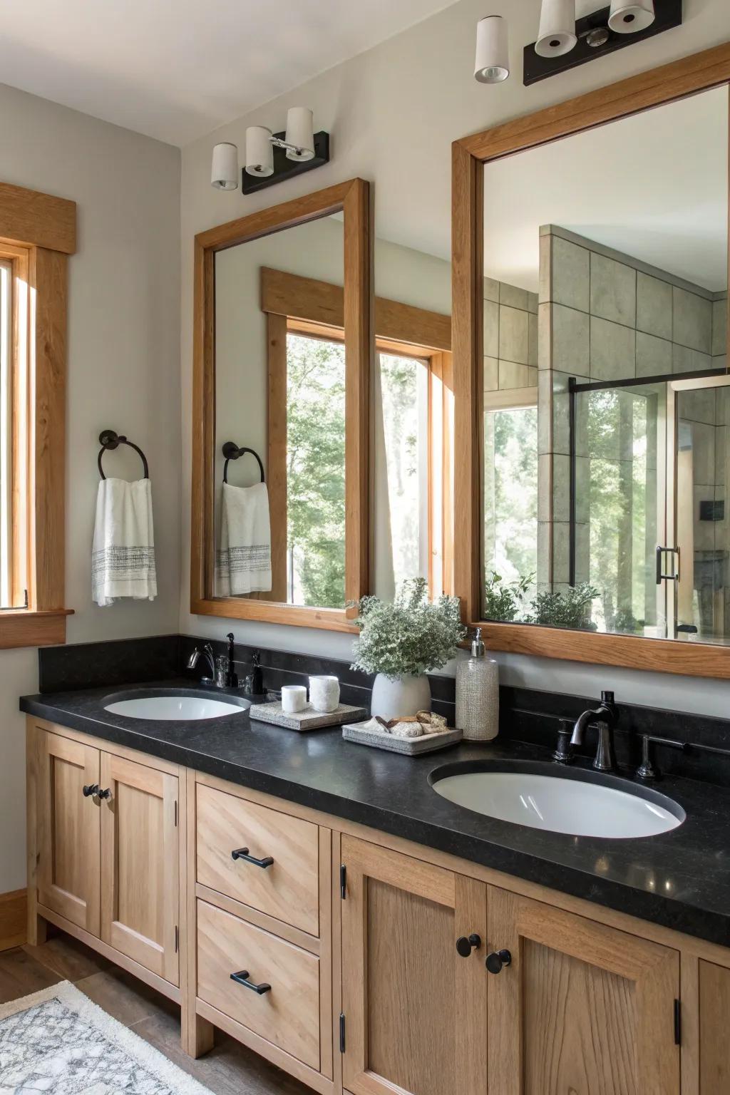 Decorative framed mirrors elevate the elegance of black countertops.