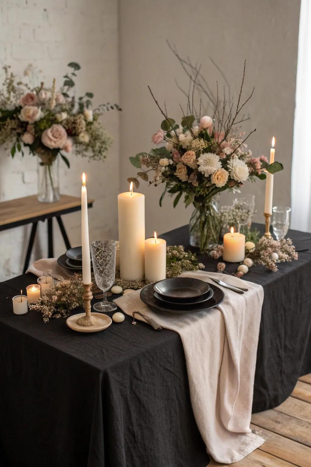 ✨ Set the mood with romantic candlelight and florals on a black tablecloth. #CandlelightDinner #RomanticDecor