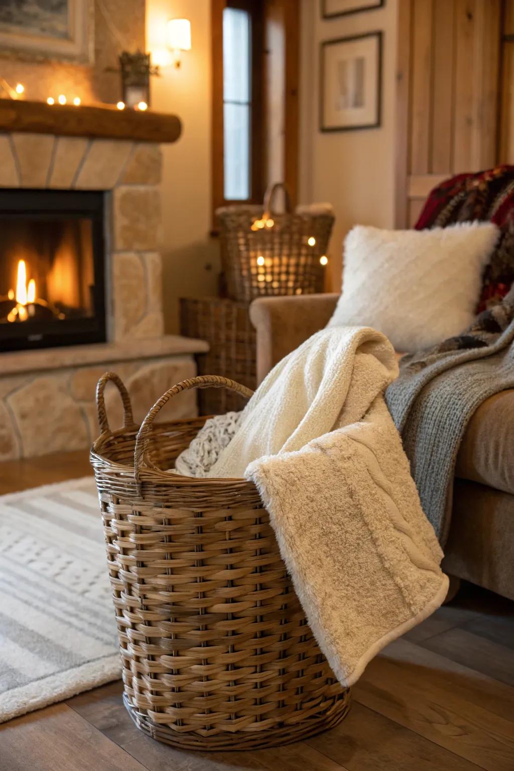 Cozy up by the fire with blankets ready at hand.