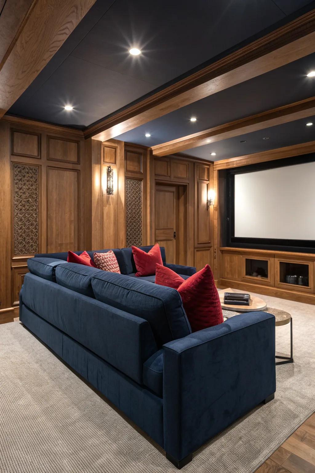 Turn your home theater into a dramatic experience with midnight and ruby hues.