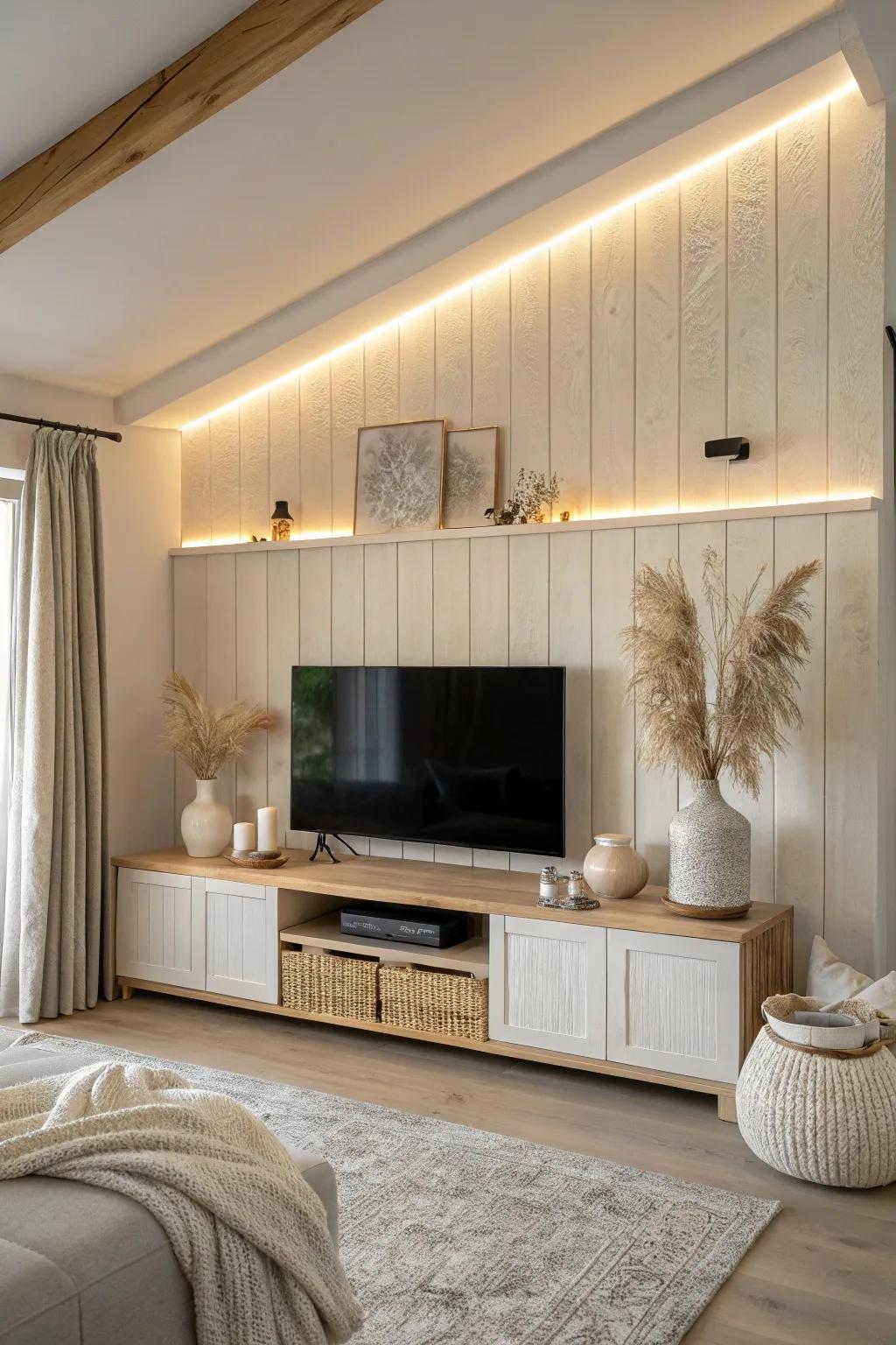 Add a warm glow with accent lighting, beautifully highlighting your board and batten wall. 💡 #LightingDesign #CozyVibes
