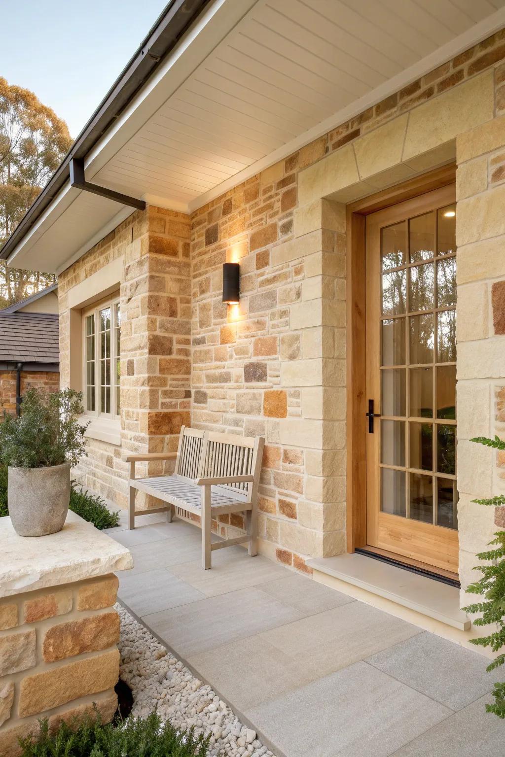 Desert vibes with sandstone siding and brick.