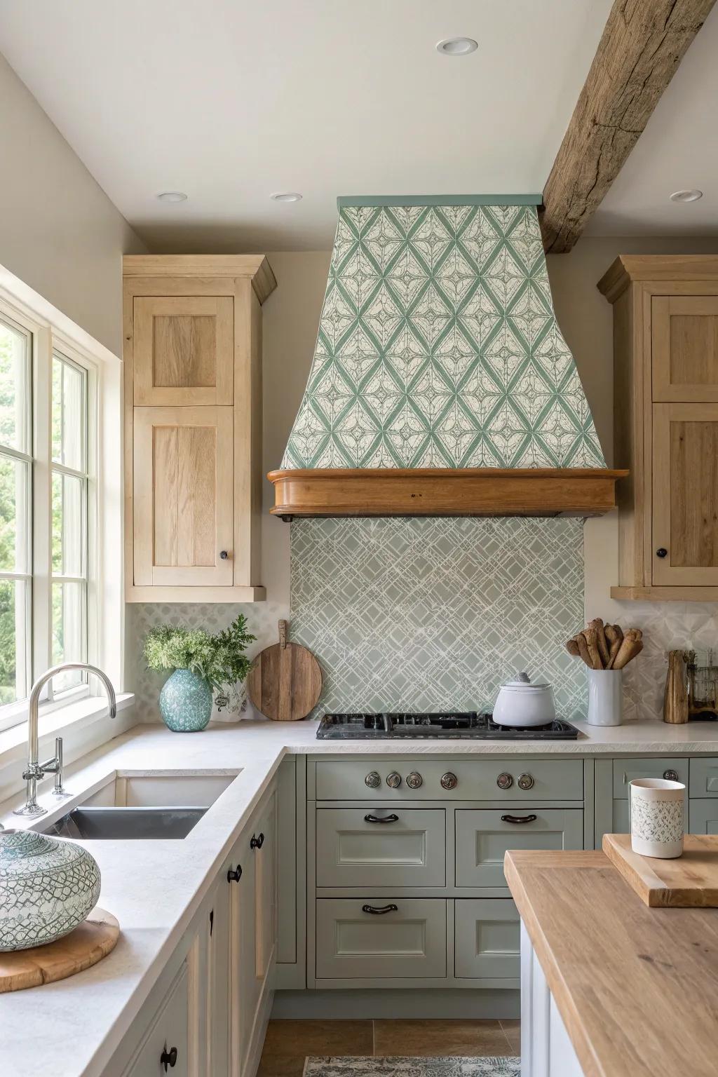 Bring playfulness into your kitchen with a patterned range hood that adds lively interest.