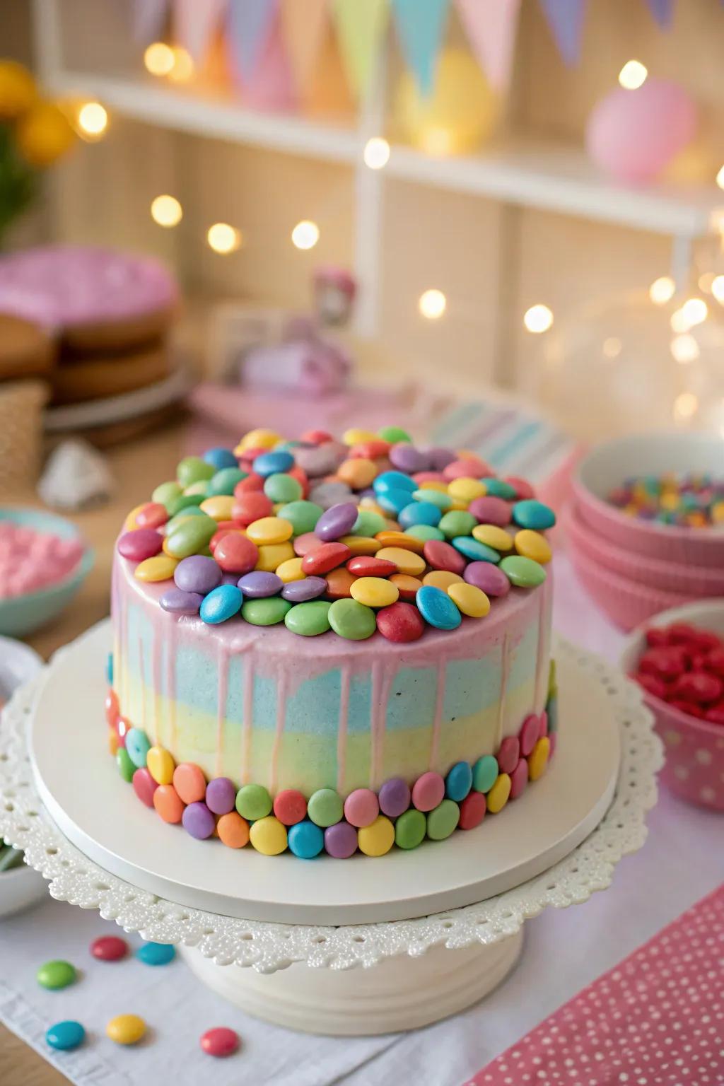 Dive into sweet delight with a cake bursting with candies for an irresistible treat. #CandyCake #SweetTooth