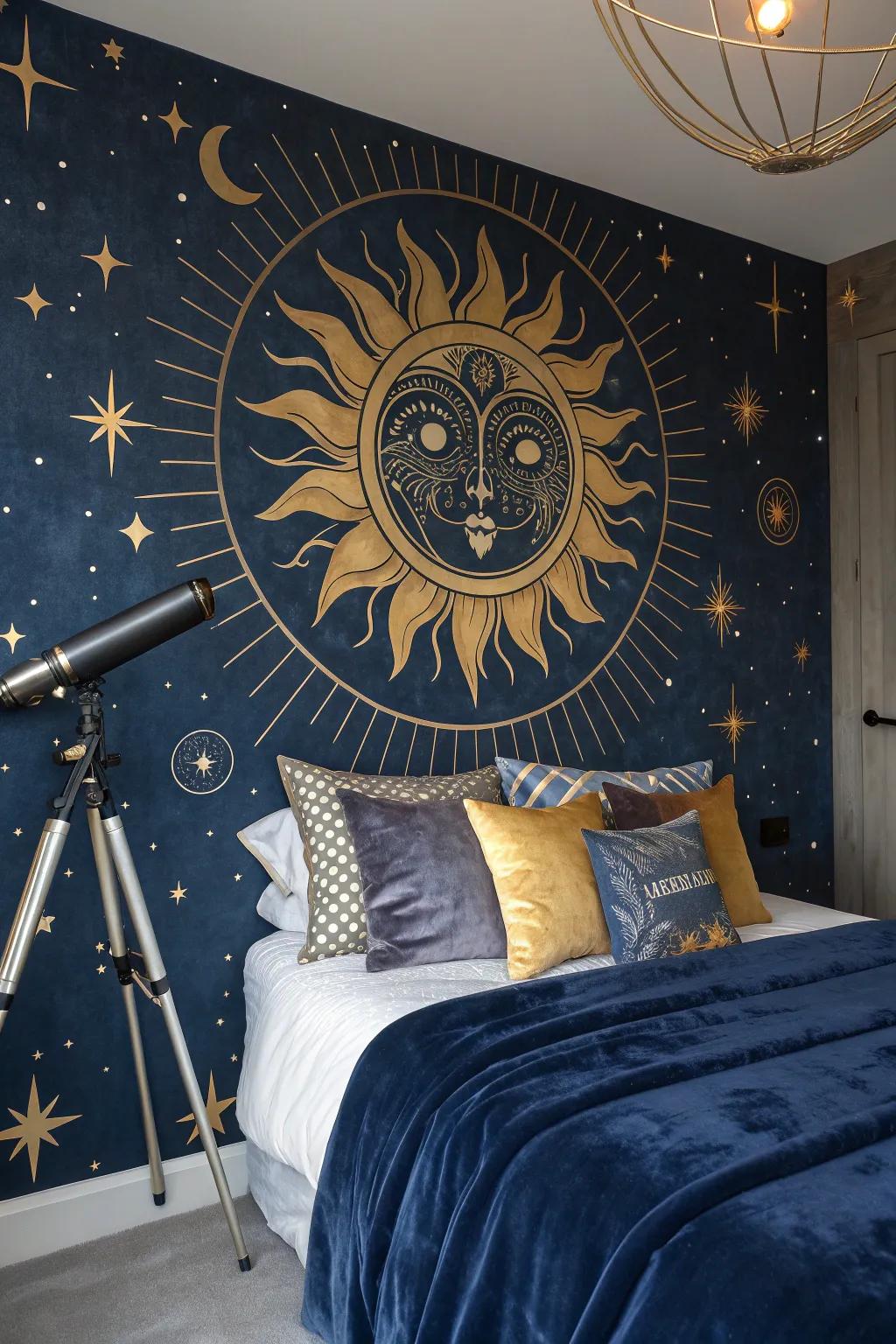 Let the sun, moon, and stars shine in your space with a mural that tells a celestial tale. 🌞🌜 #WallArt #CosmicVibe