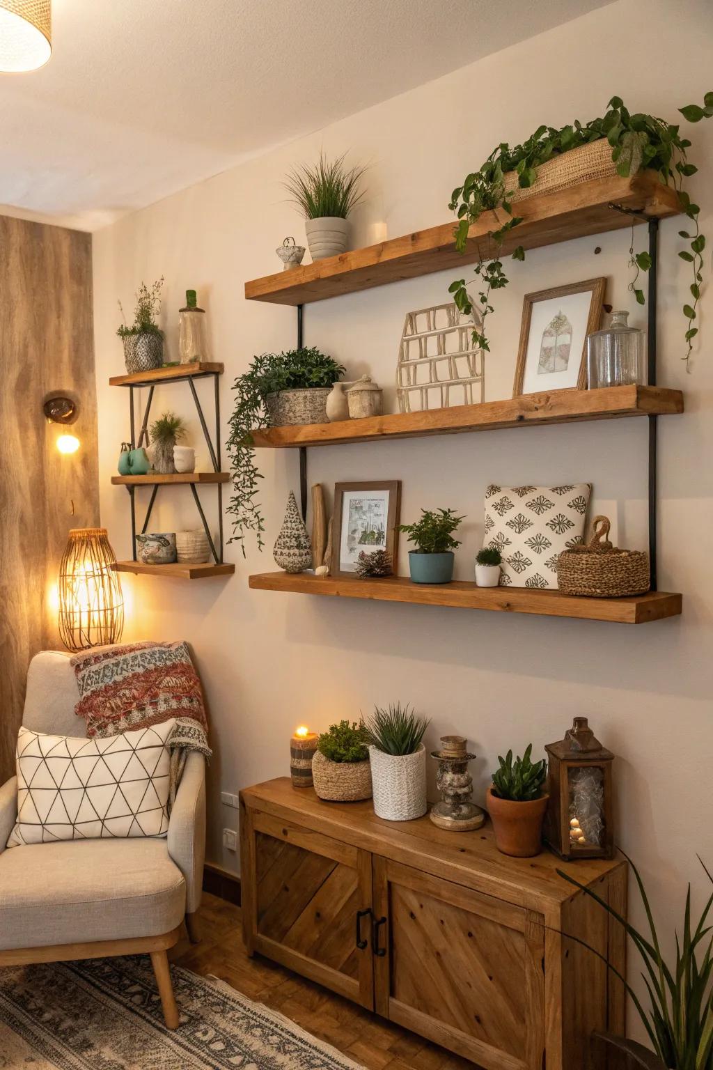 Wall shelves let your treasures shine, adding layers of charm and personality.