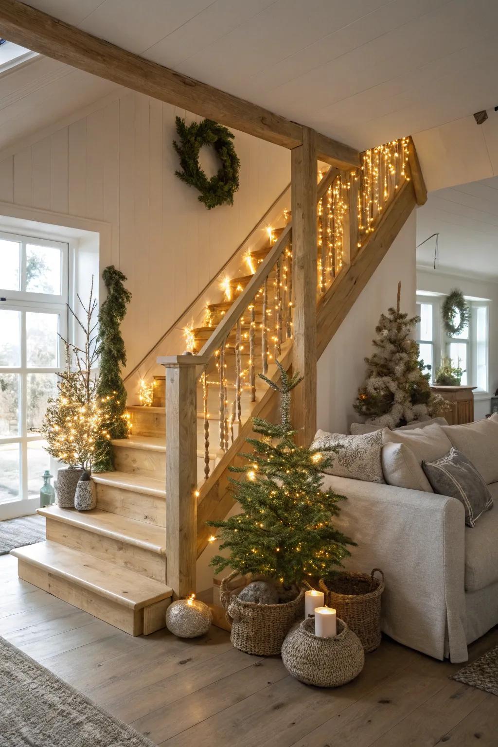 Guide your guests with a festive glow on your staircase banister. 🎇🎄 #StaircaseDecor #FestiveGuide #HolidayHighlight