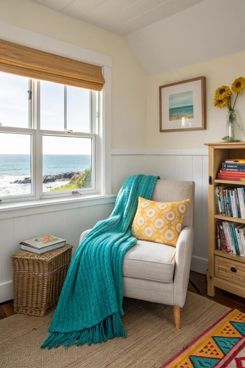 A cozy reading nook invites you to relax and indulge in a good book by the sea.