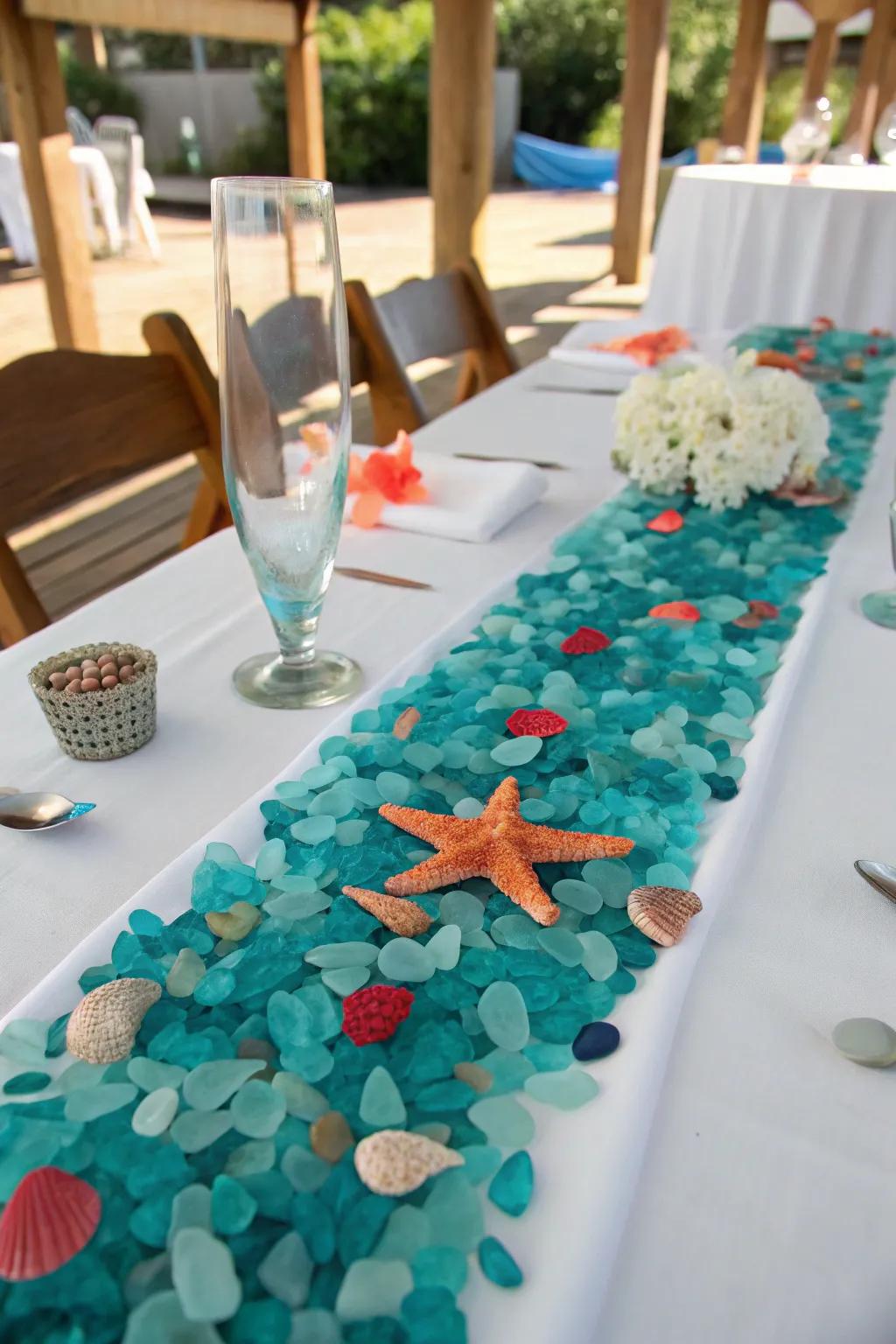 Add sparkle and color with sea glass scattered across your table. 🌊 #OceanVibes #TableDecor