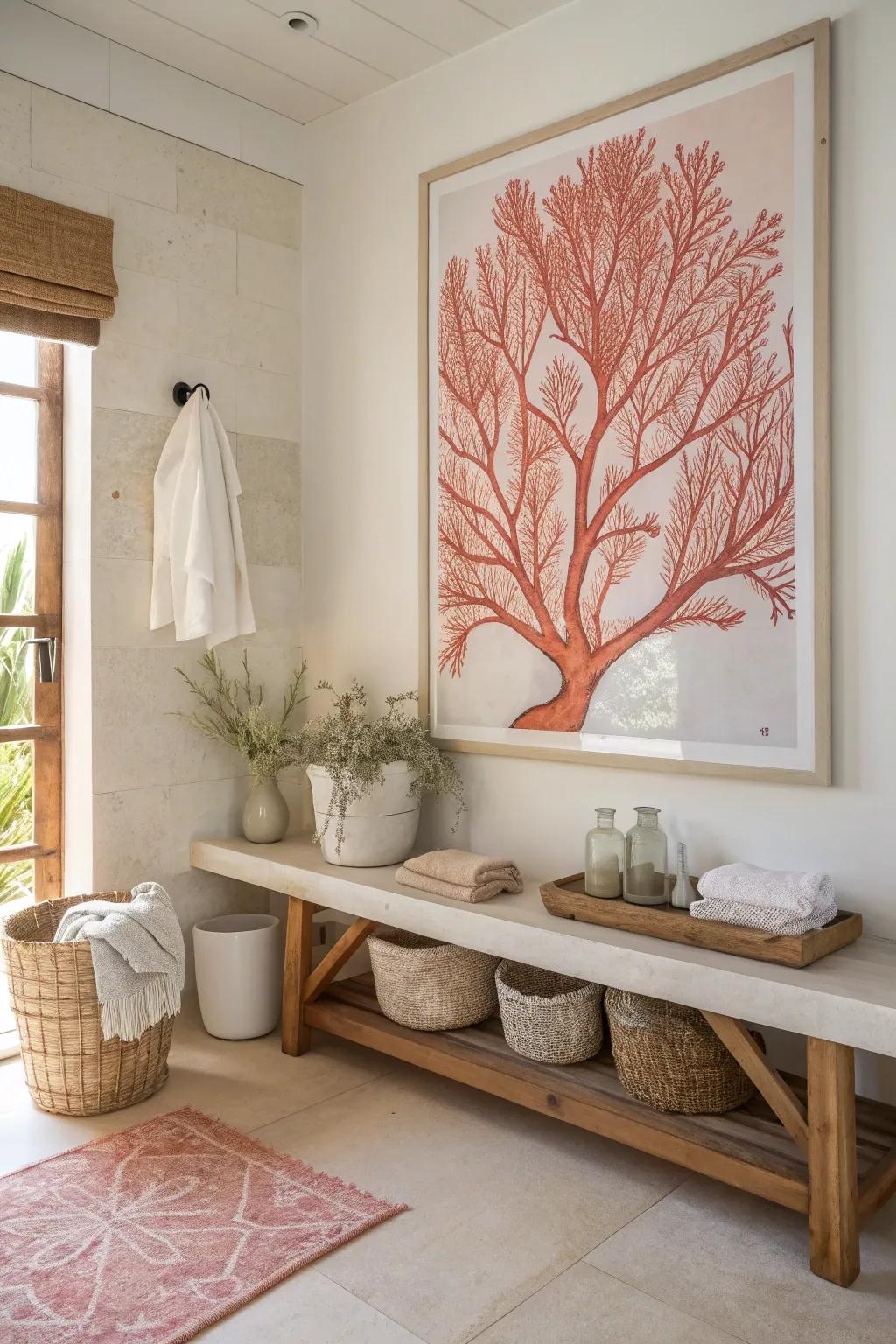 Contemporary art with coral tones elevates your bathroom's style and sophistication.