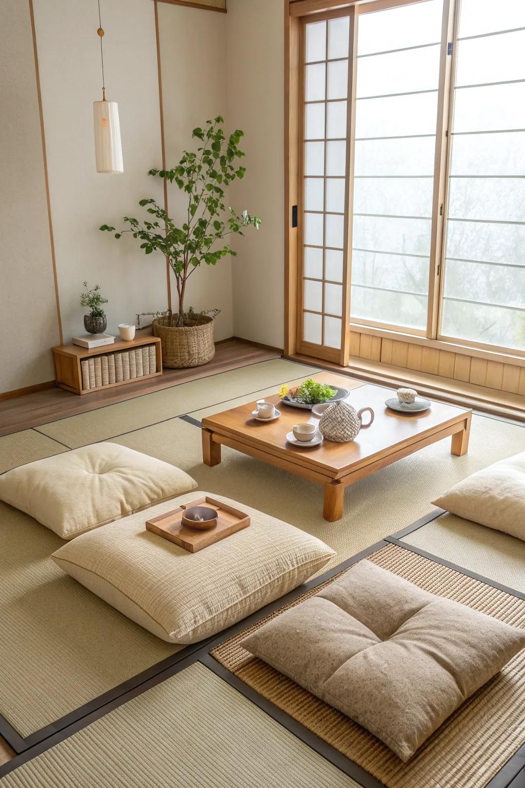 Embrace tranquility with Japanese floor seats that offer simplicity and style.