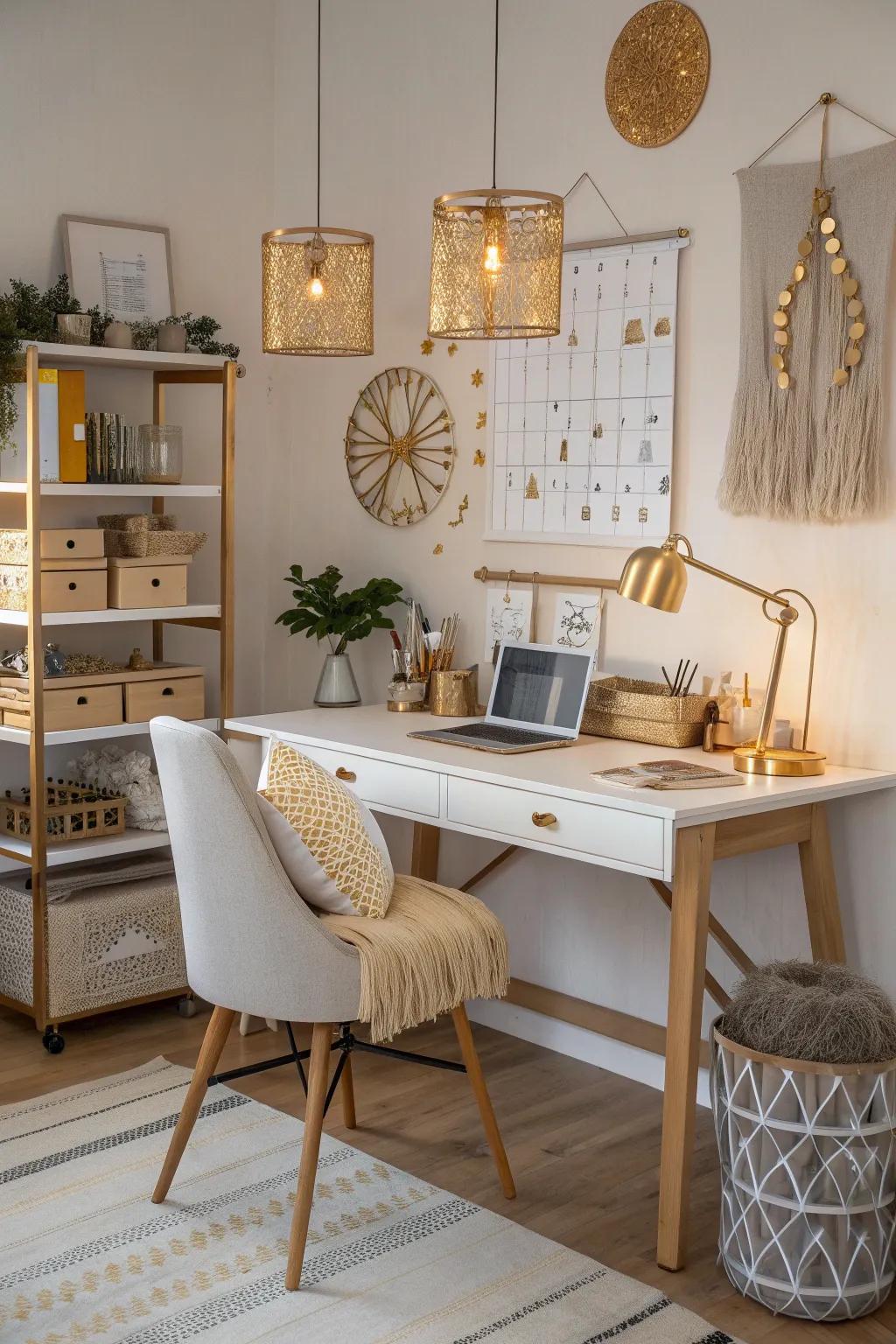 Infuse your craft room with glamour using metallic accents, adding a touch of luxury and sophistication.
