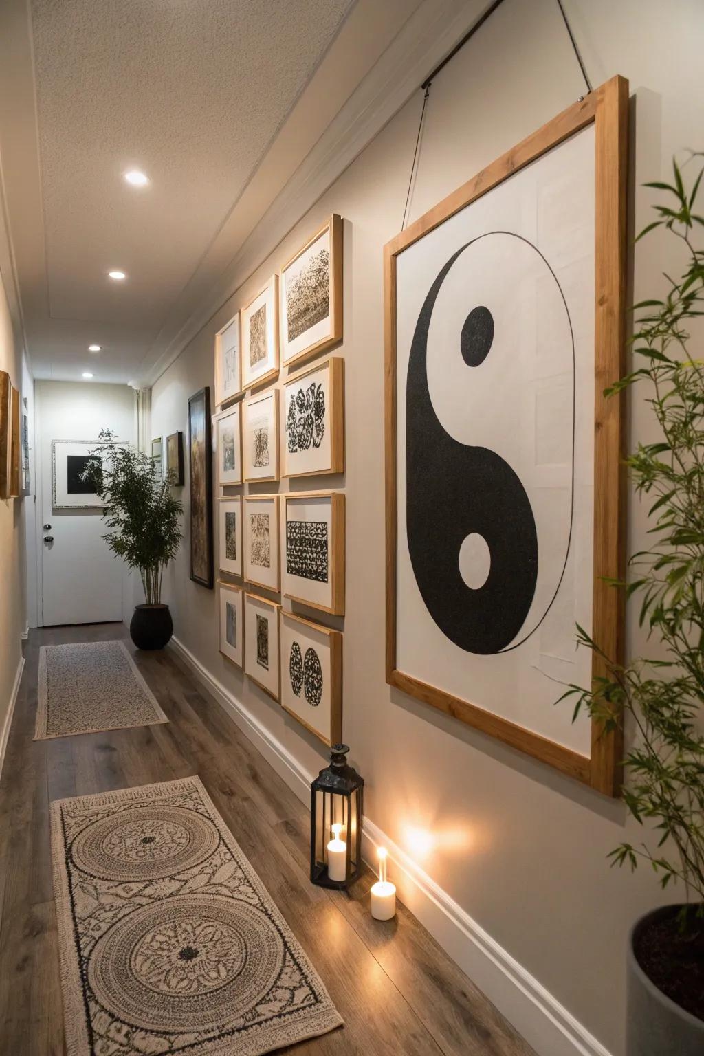 Create an inspiring art display with a gallery of yin yang artworks that celebrate balance and diversity.