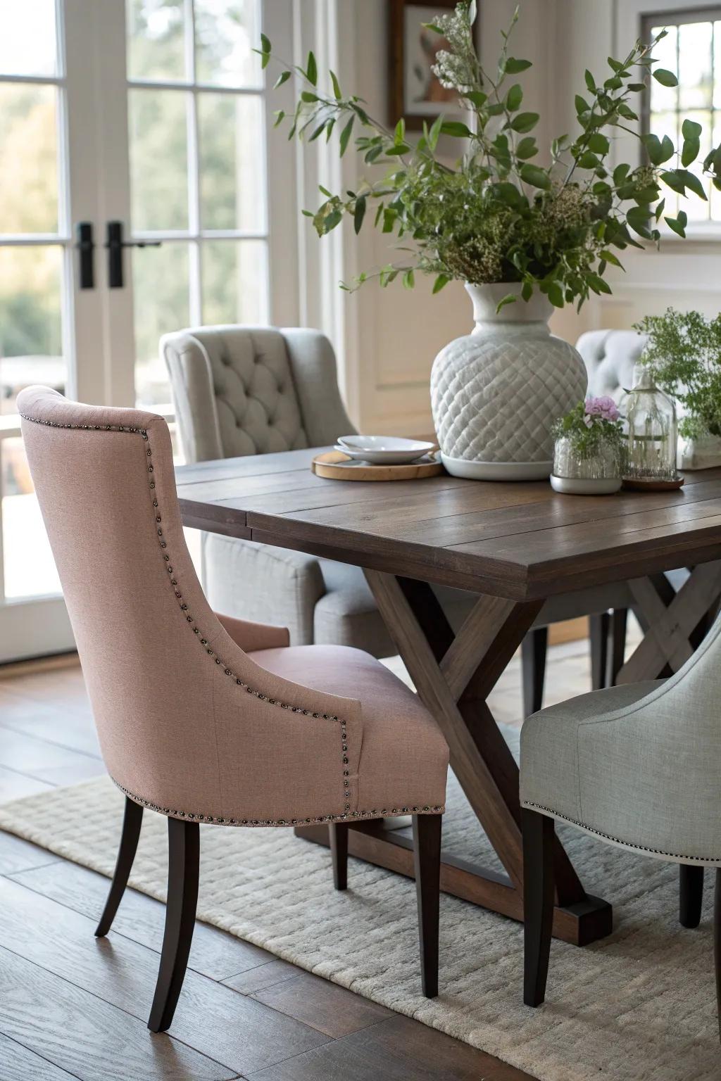 Create contrast and comfort with upholstered chairs that invite relaxation.