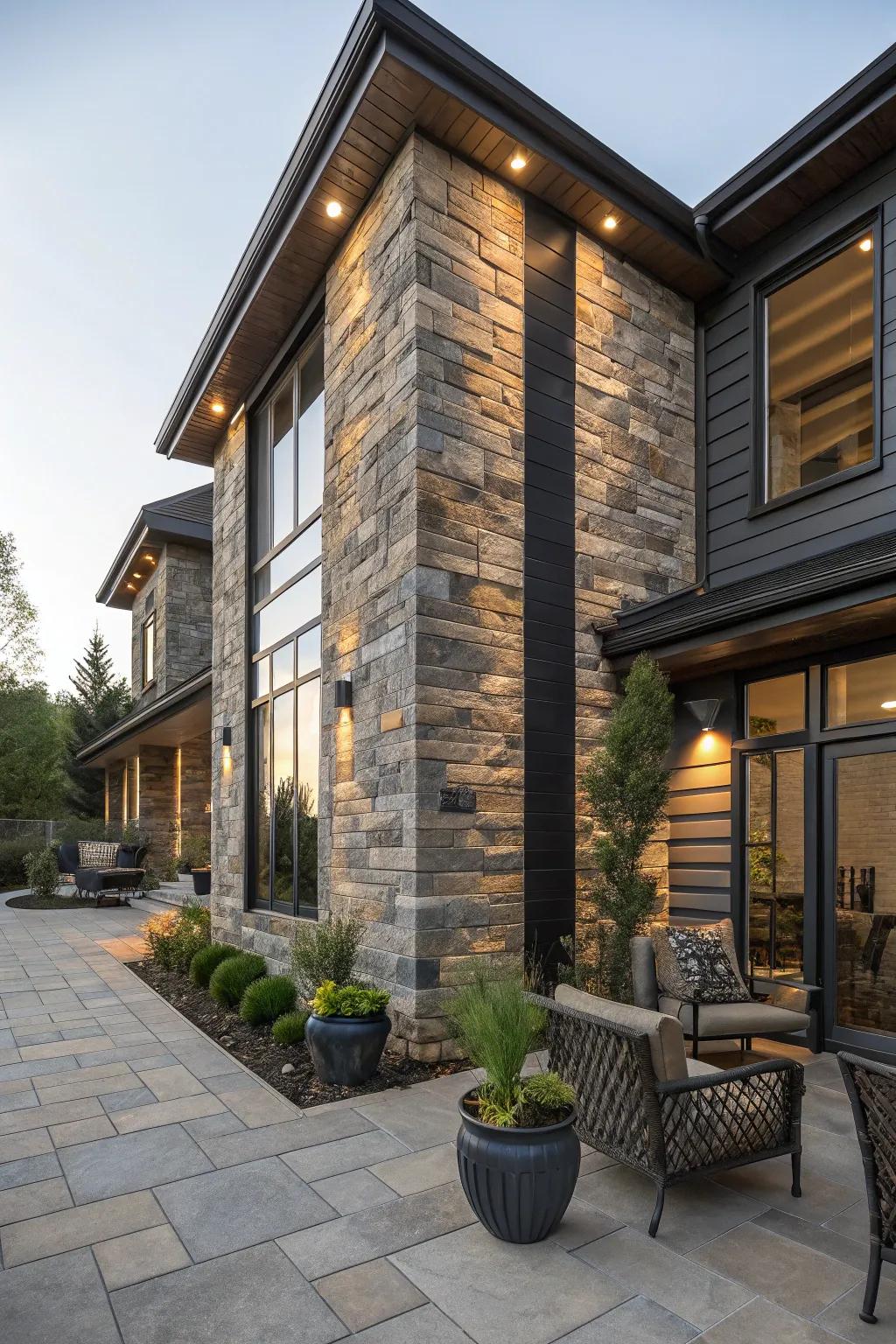 Elevate your exterior with vertical stone stripes that add height and drama.