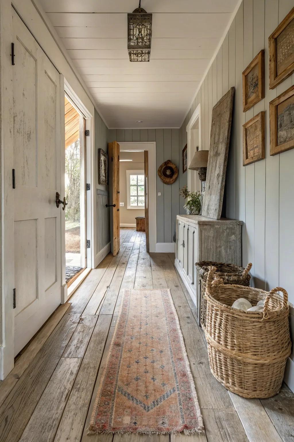 Distressed wood floors bring warmth and character to your hallway.