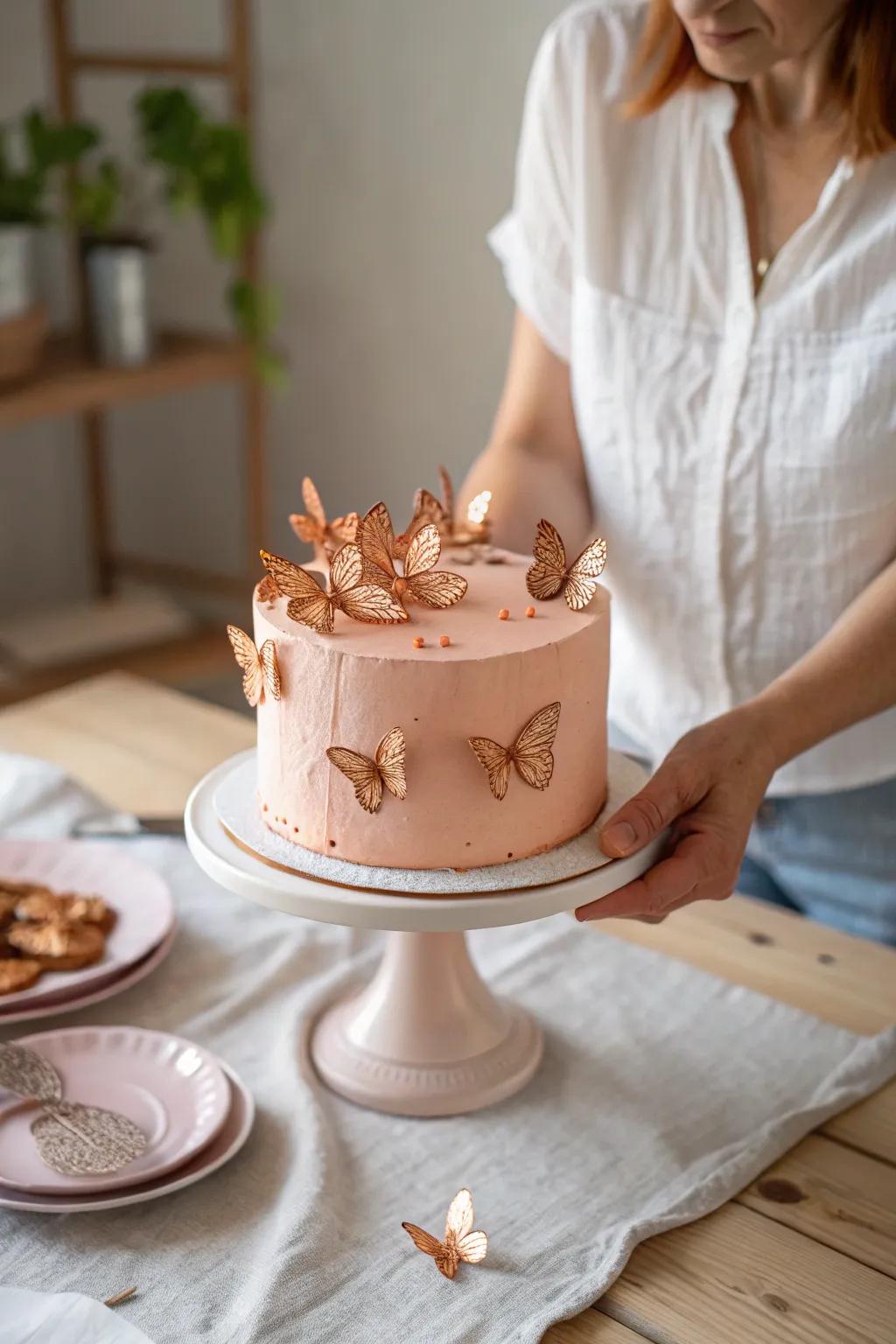 Let your imagination take flight with enchanting rose gold butterflies on your cake.