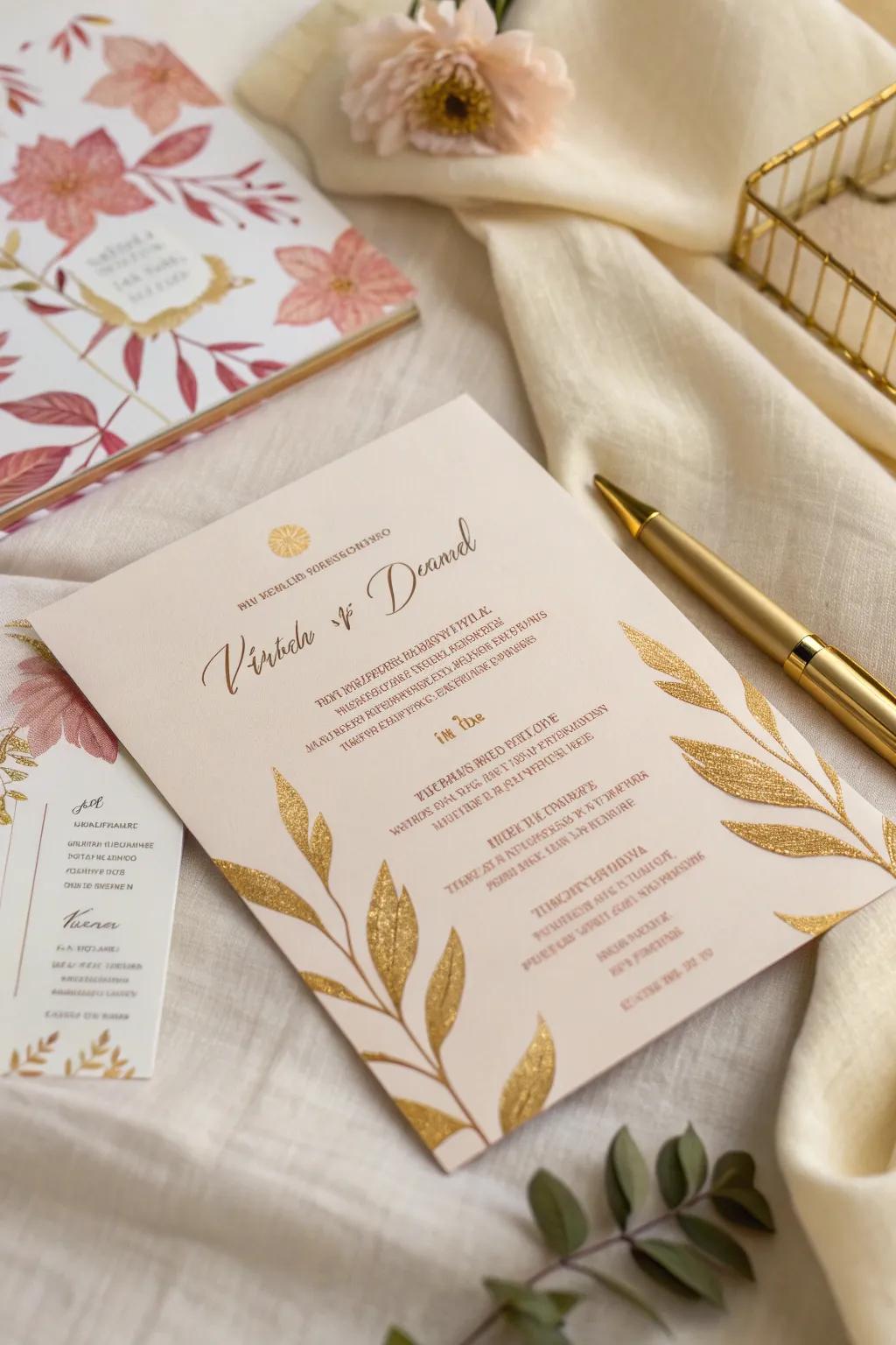 Invite your guests with opulence and style using gold leaf invitations.