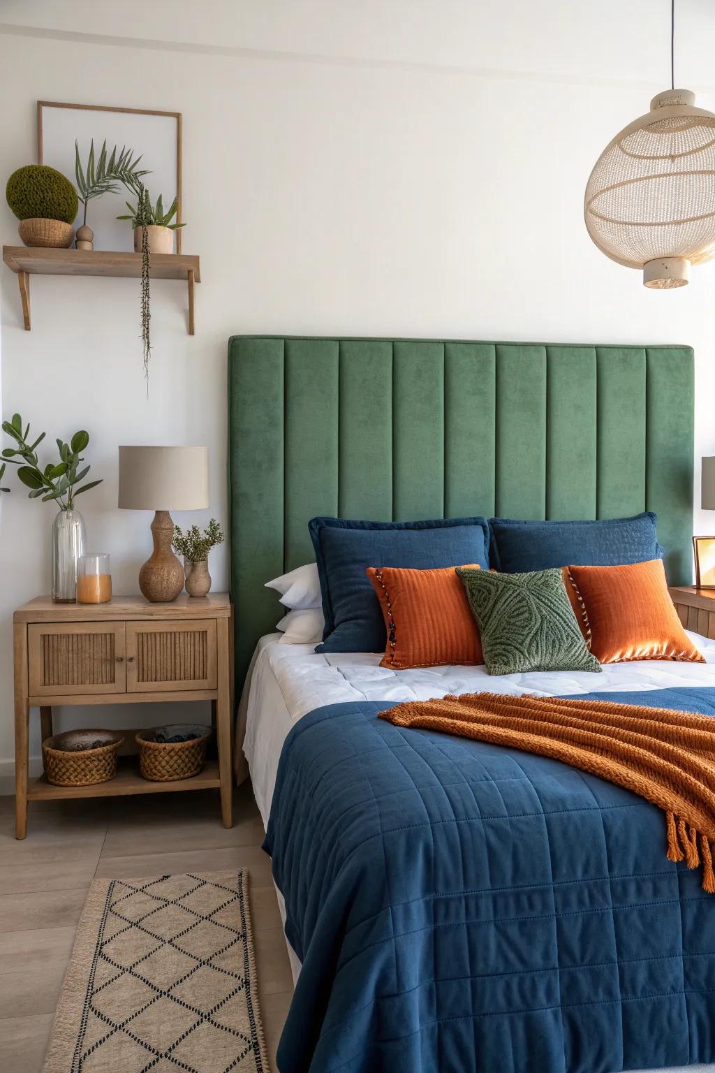 Make a bold statement with contrasting colors that highlight your green headboard. #BoldDesign #ColorContrast