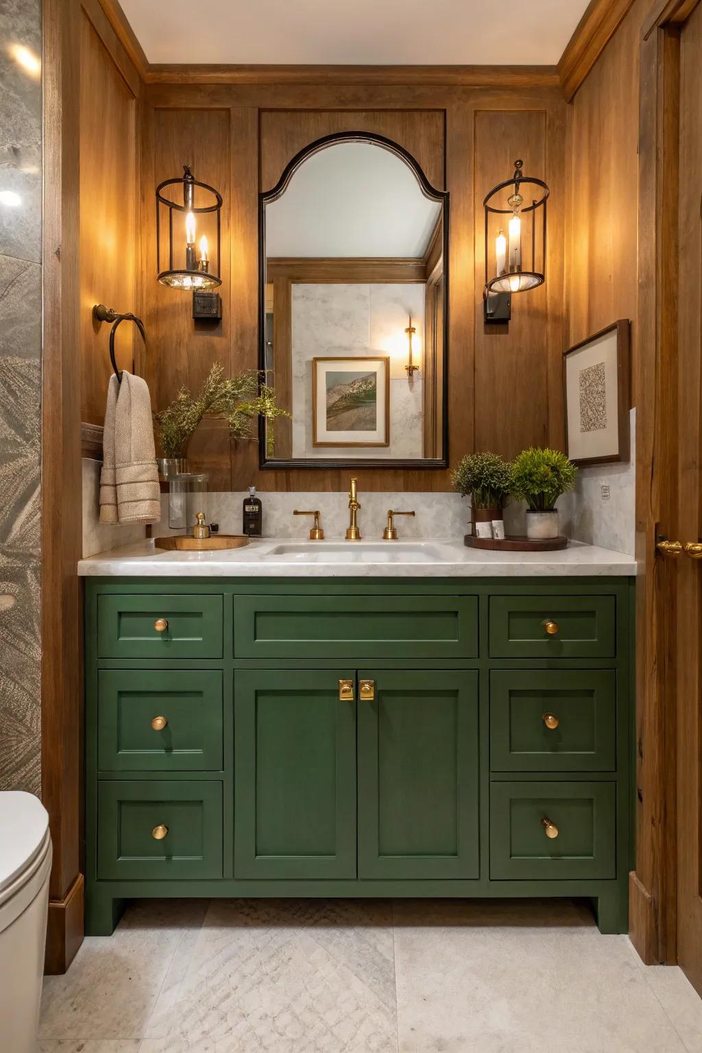 Create a harmonious blend of styles with a green vanity that bridges modern and traditional aesthetics.