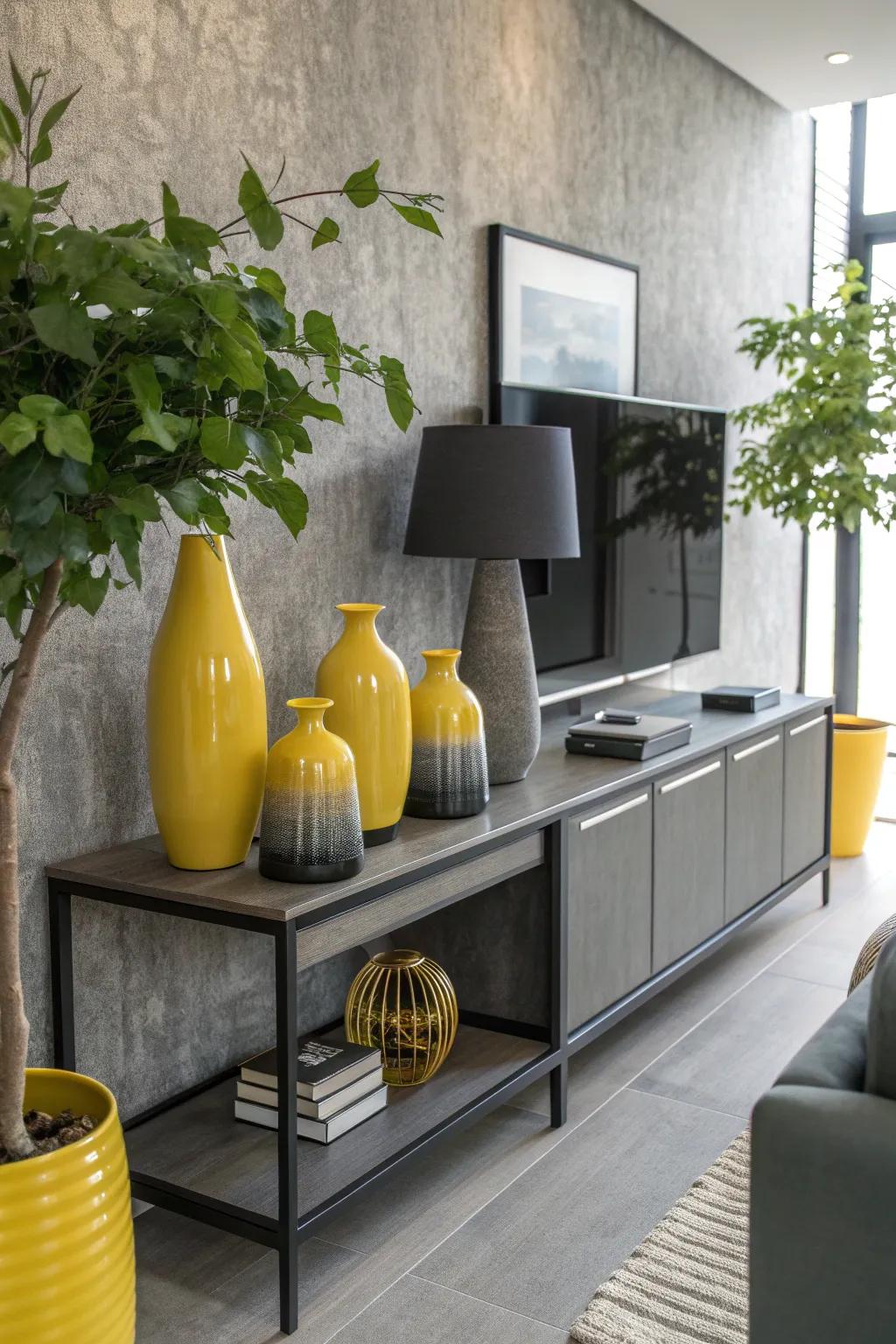 Create a dynamic display with alternating yellow and grey ceramic vases. #CeramicArt #HomeStyling