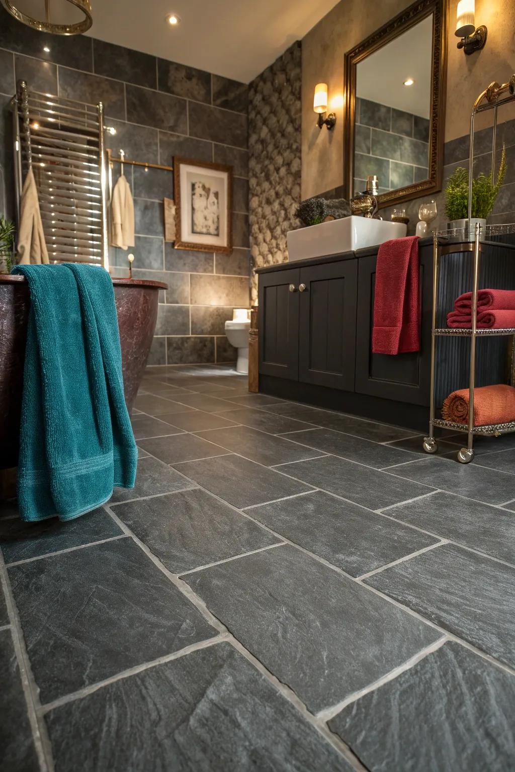 Dark grey tiles offer a dramatic, moody vibe that's both stylish and captivating.