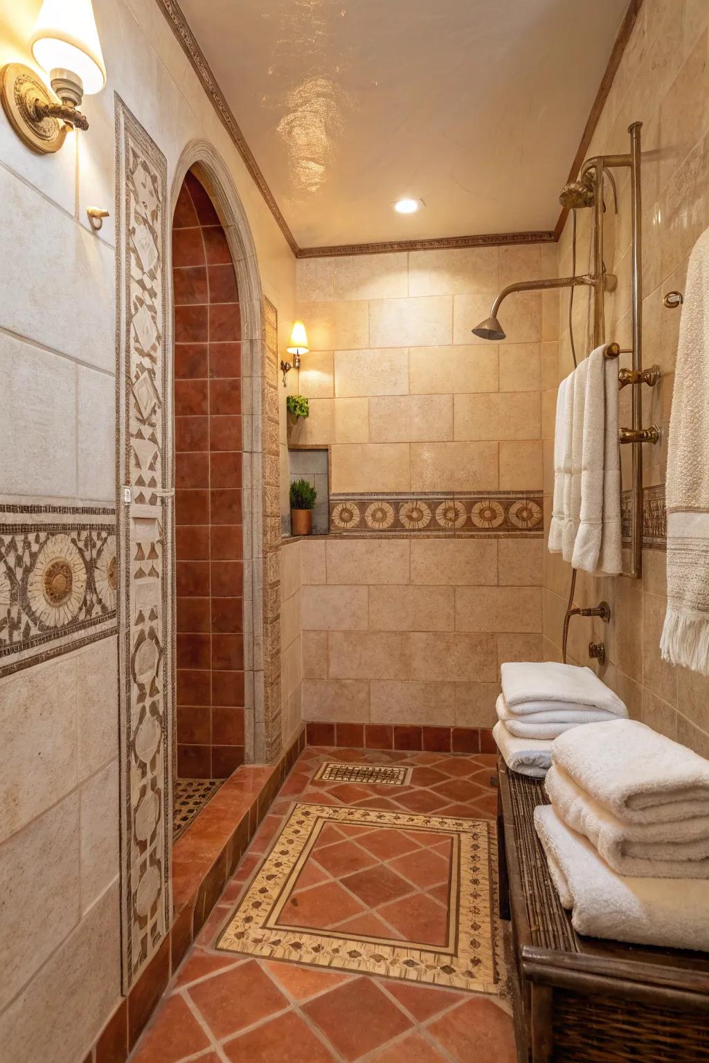 Infuse warmth and character into your shower with terracotta-look tiles. 🌞 #WarmDesign #TerracottaLove