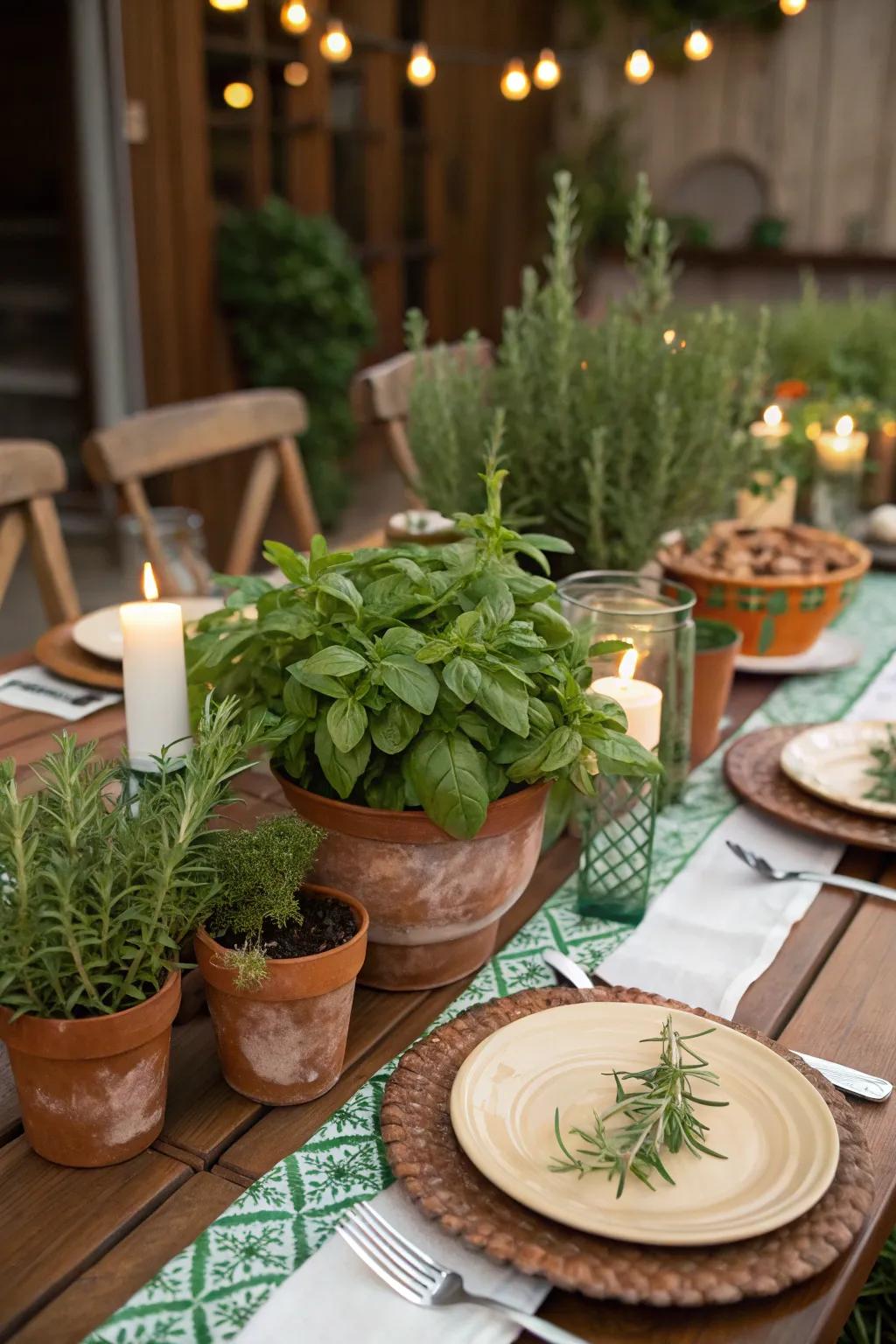 Add a touch of green to your table with fresh herbs that offer both beauty and an aromatic delight. 🌿 #TableDecor #HerbCenterpieces