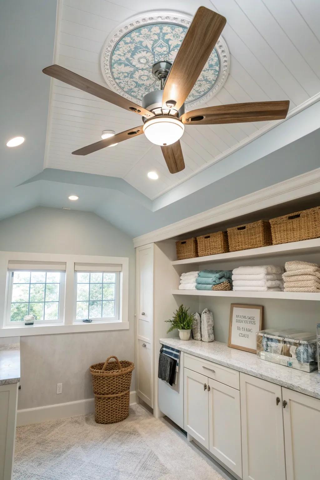 Combine style and function with a ceiling fan in your laundry room for improved air circulation.