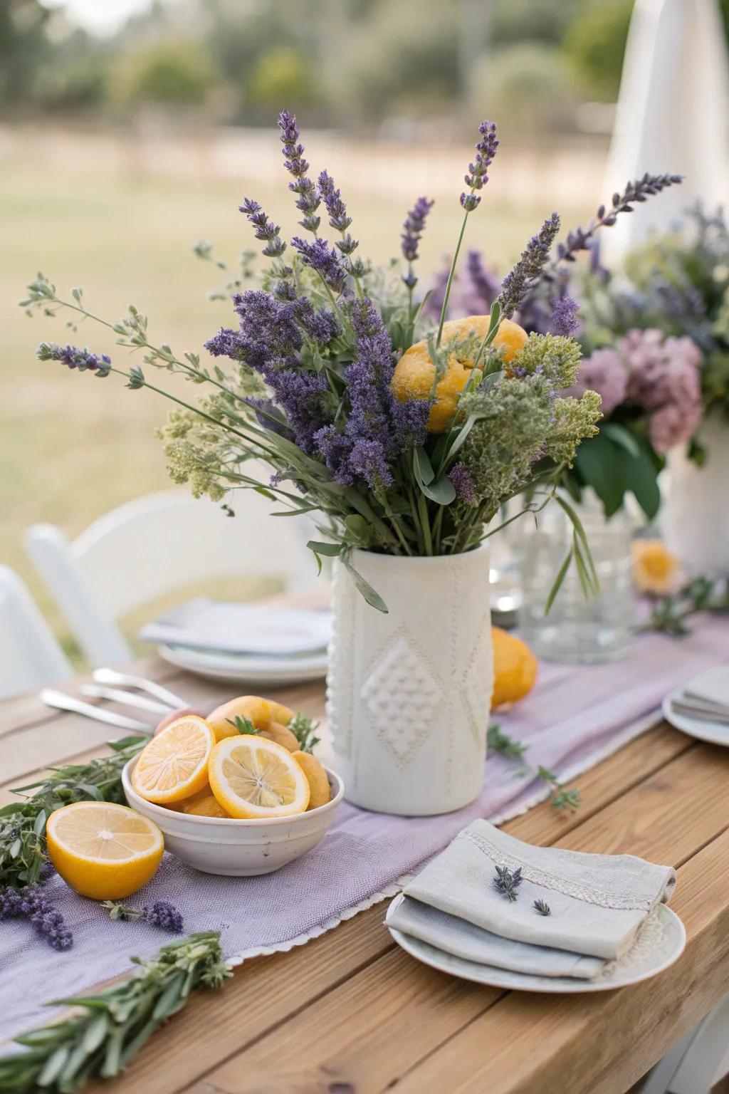 Lavender and citrus accents create a vibrant and refreshing twist on traditional centerpieces.