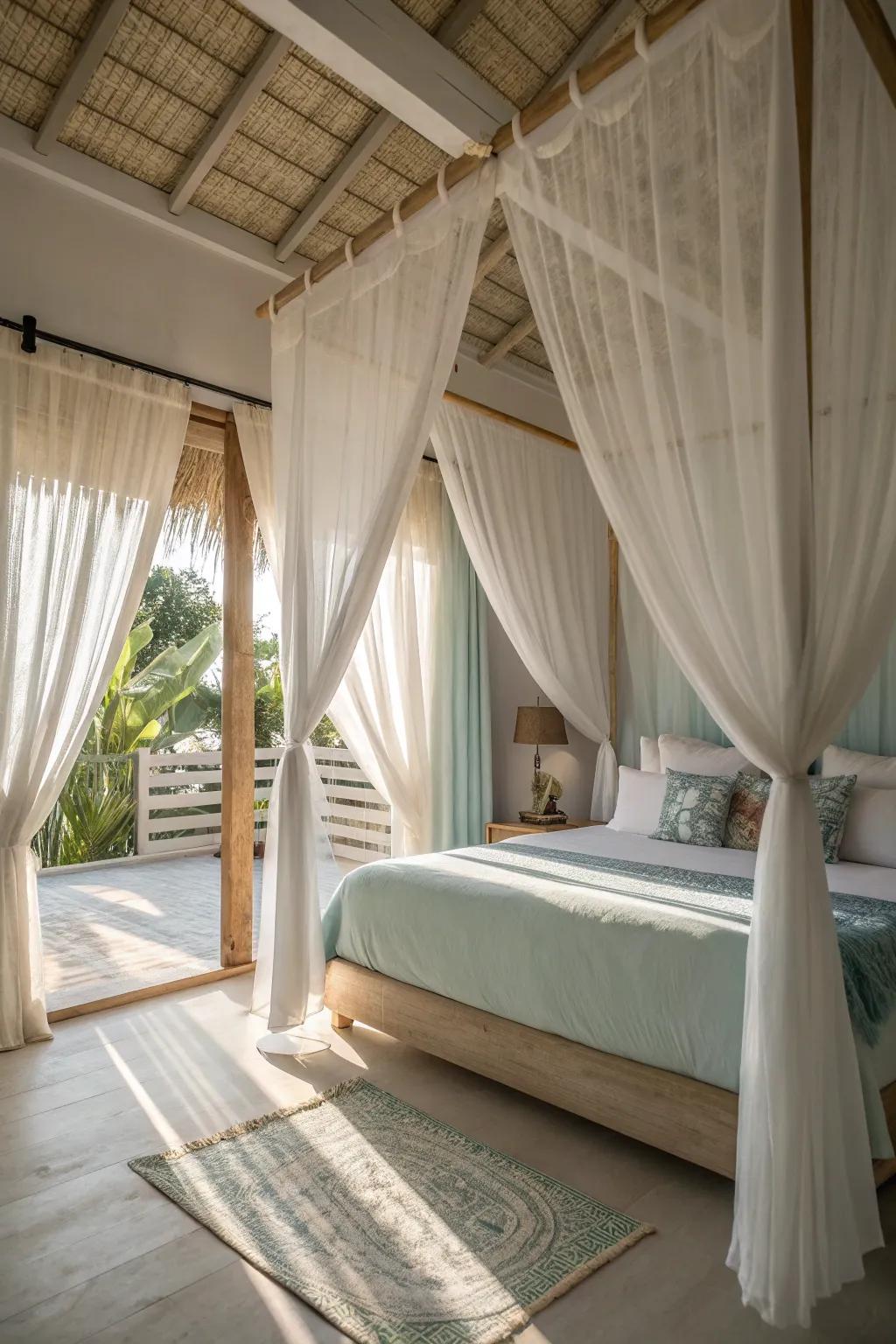 Translucent fabrics filter light elegantly, creating a soft ambiance.