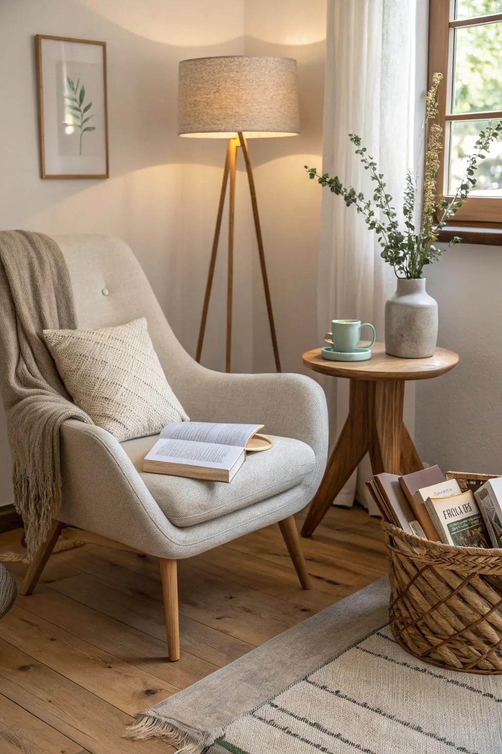 A reading nook offers a serene escape in your living room.