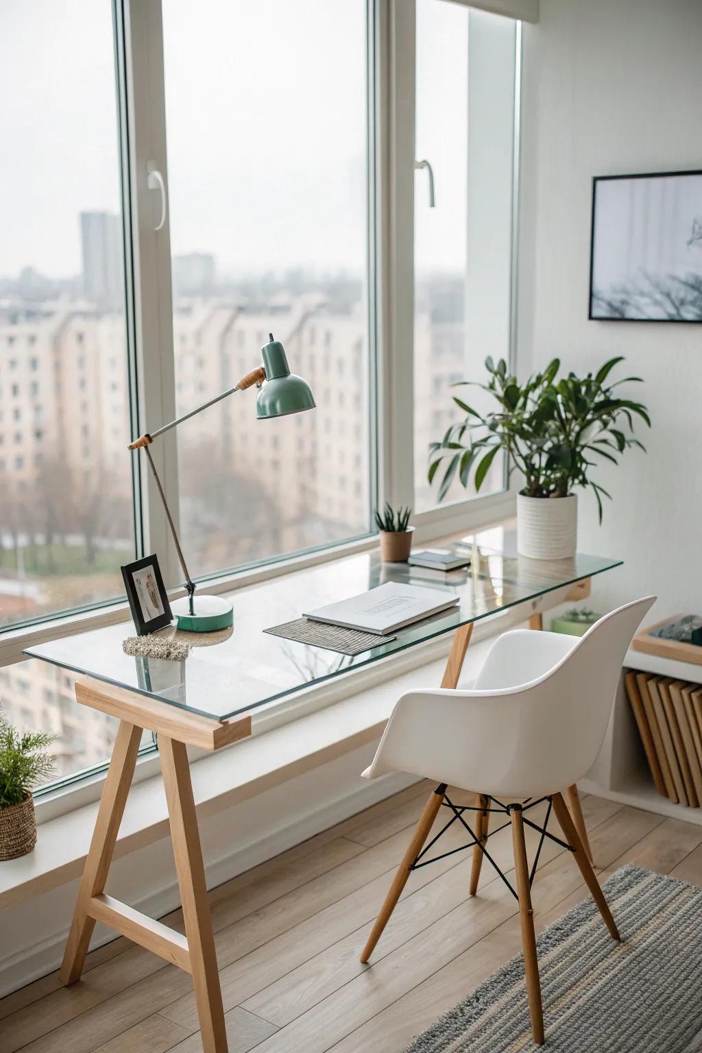 Add elegance and openness with a light-reflecting glass desk.