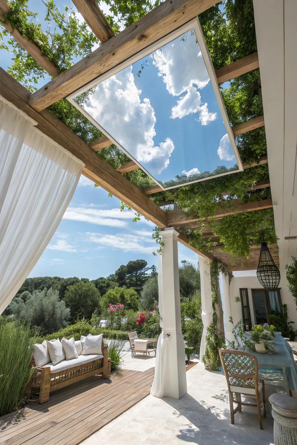 Transform your patio with a mirrored ceiling that reflects the beauty of the outdoors. #GardenEscape #OutdoorDecor