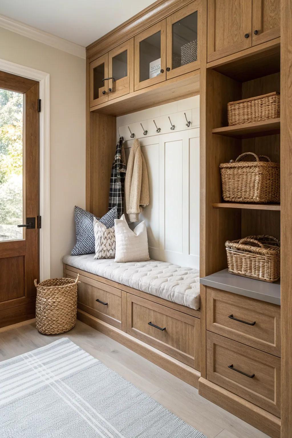 Enhance your mudroom's functionality with a sleek bench featuring hidden storage. 🏡 #StorageSolutions #InteriorDesign