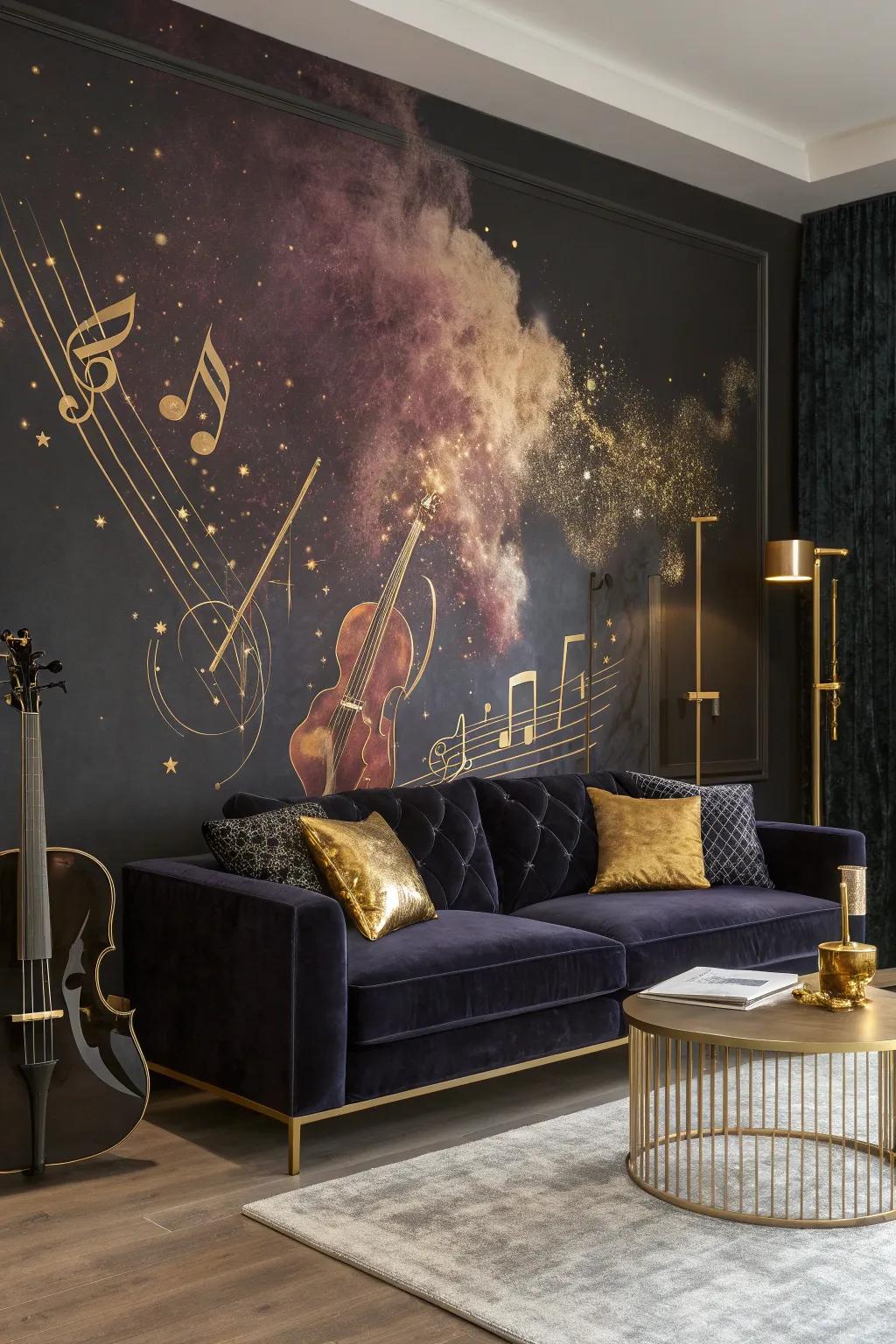 Feel the power of music with an orchestral explosion mural that resonates with drama and depth.