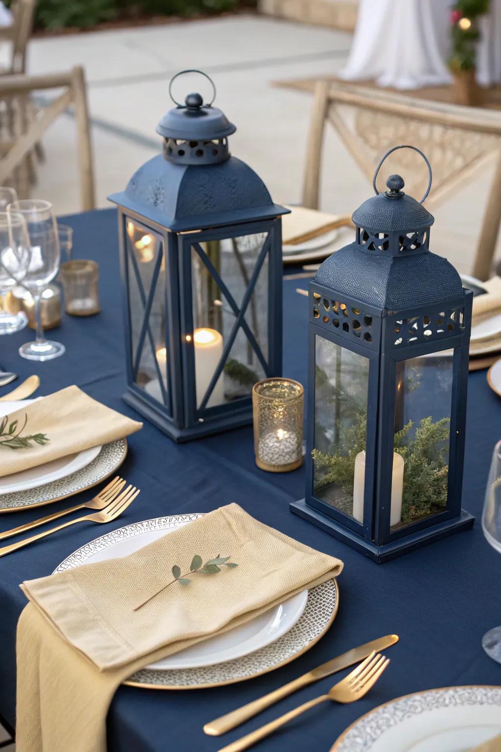 Illuminate your table with the enchanting glow of navy lanterns. ✨ #TableLighting #NavyLanterns #DecorMagic