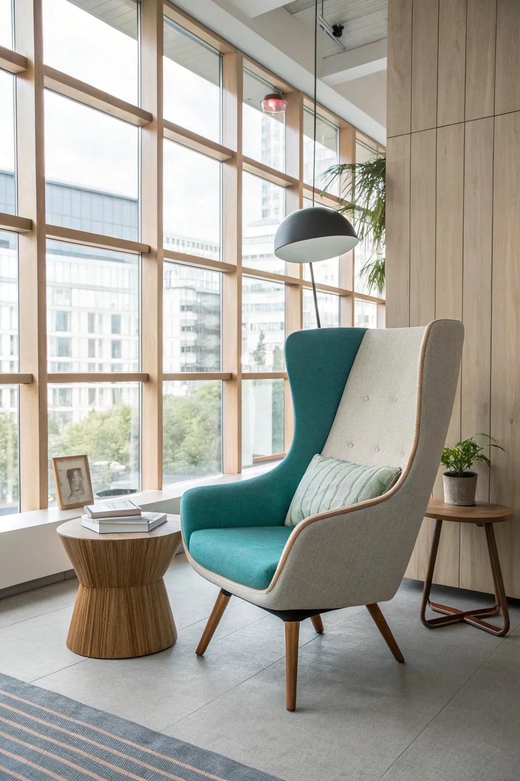 An oversized statement chair adds drama and elegance, creating a conversation starter in the office.