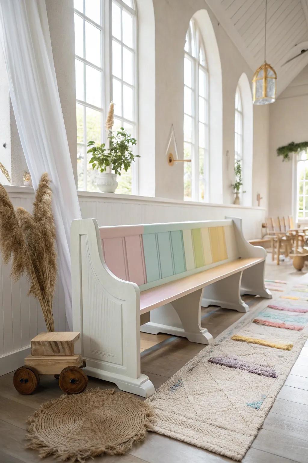 Infuse joy and energy with a pastel-mix painted pew.