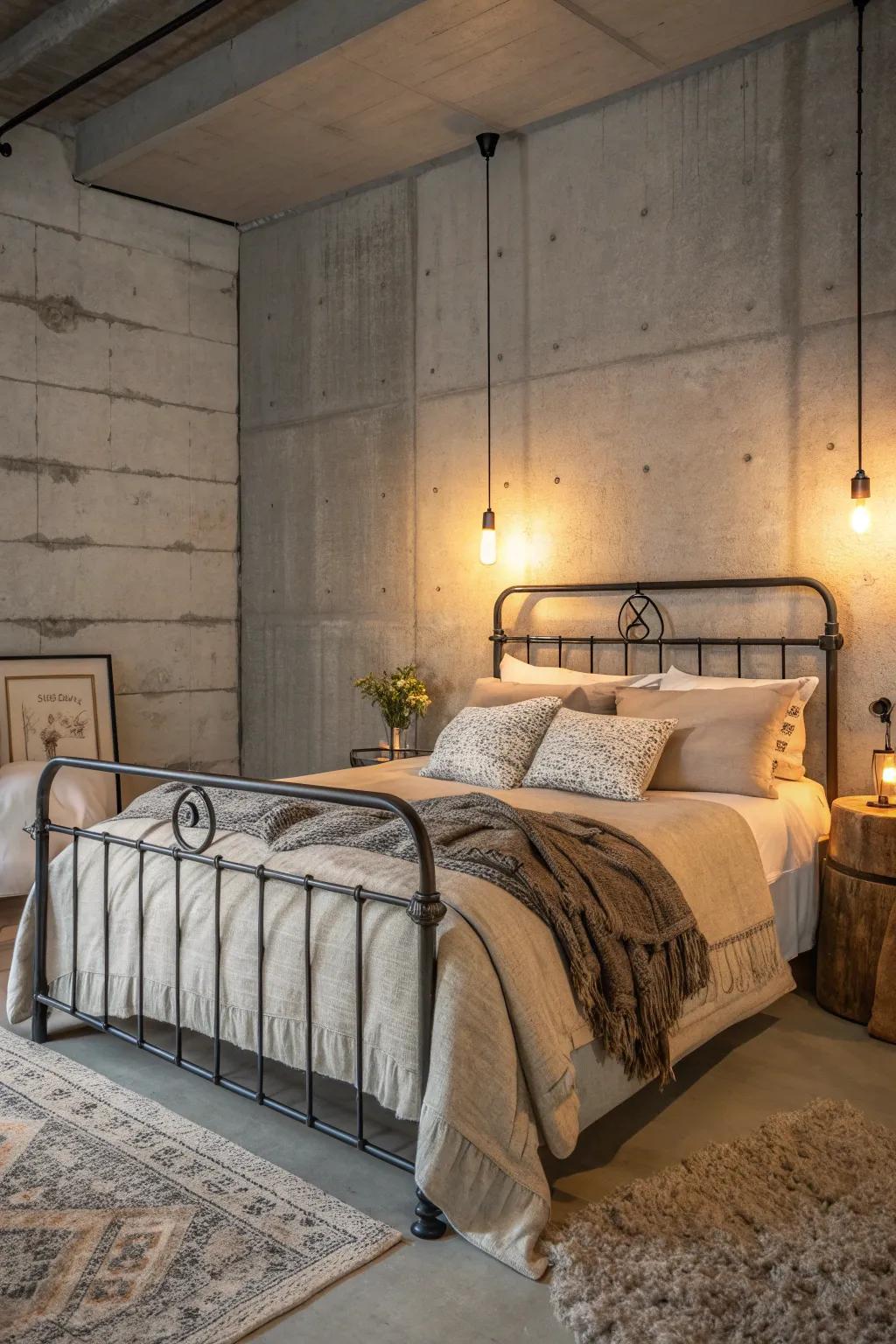 Discover modern sophistication in industrial minimalism, where concrete and iron craft a sleek sanctuary. 🏢🛌 #MinimalistDesign #IndustrialStyle